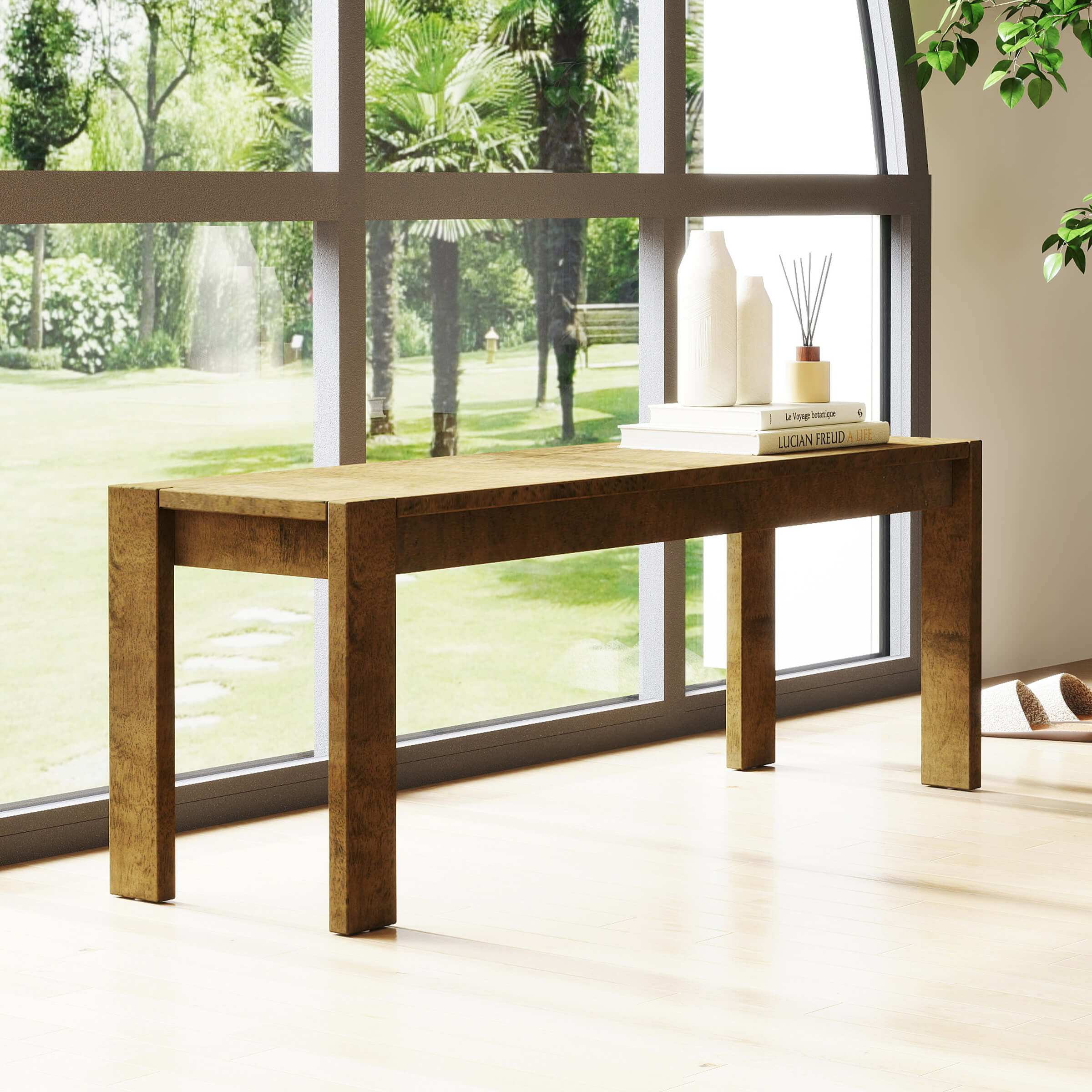 A wooden dining bench in a bright room