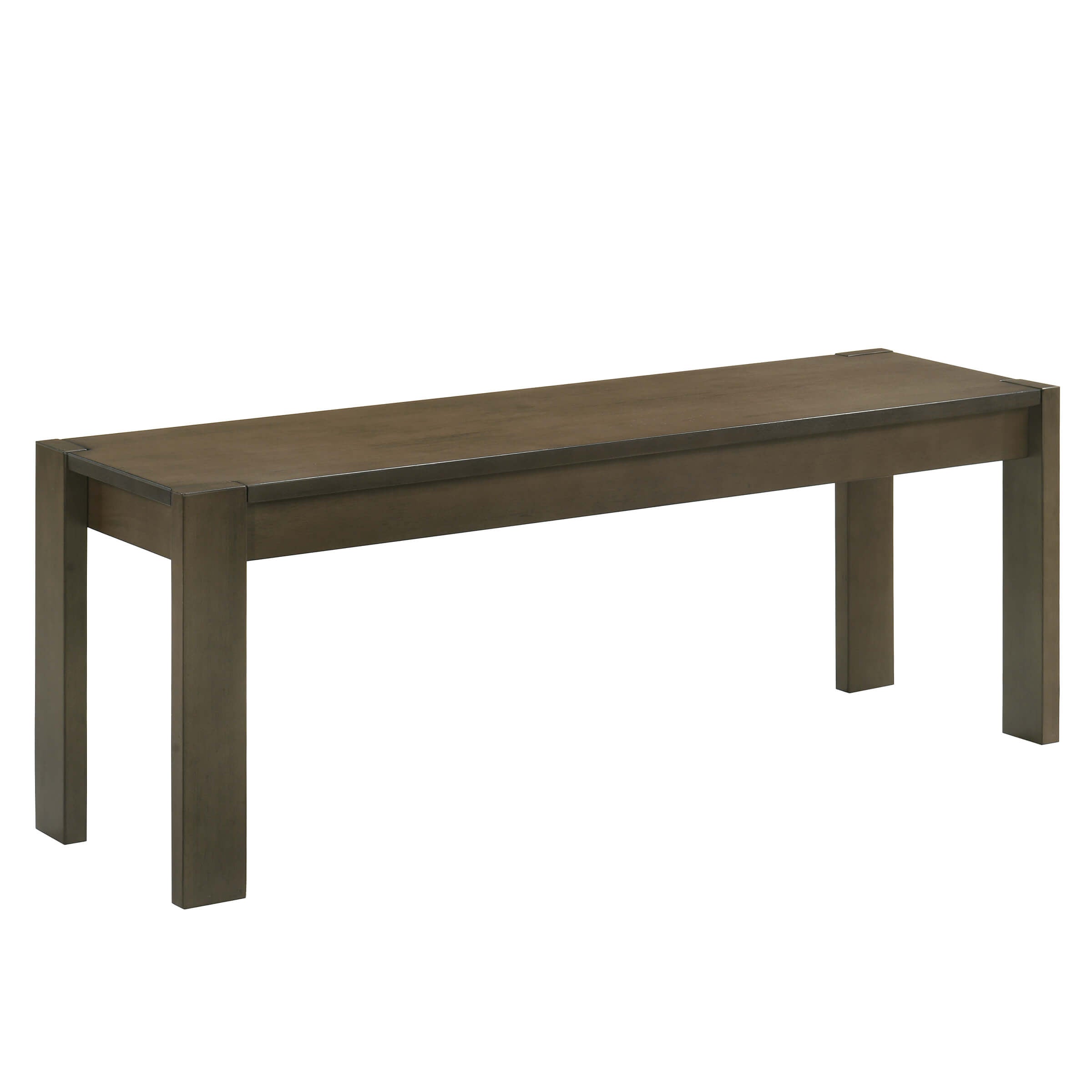 Close-up of wooden bench corner showing metal accents