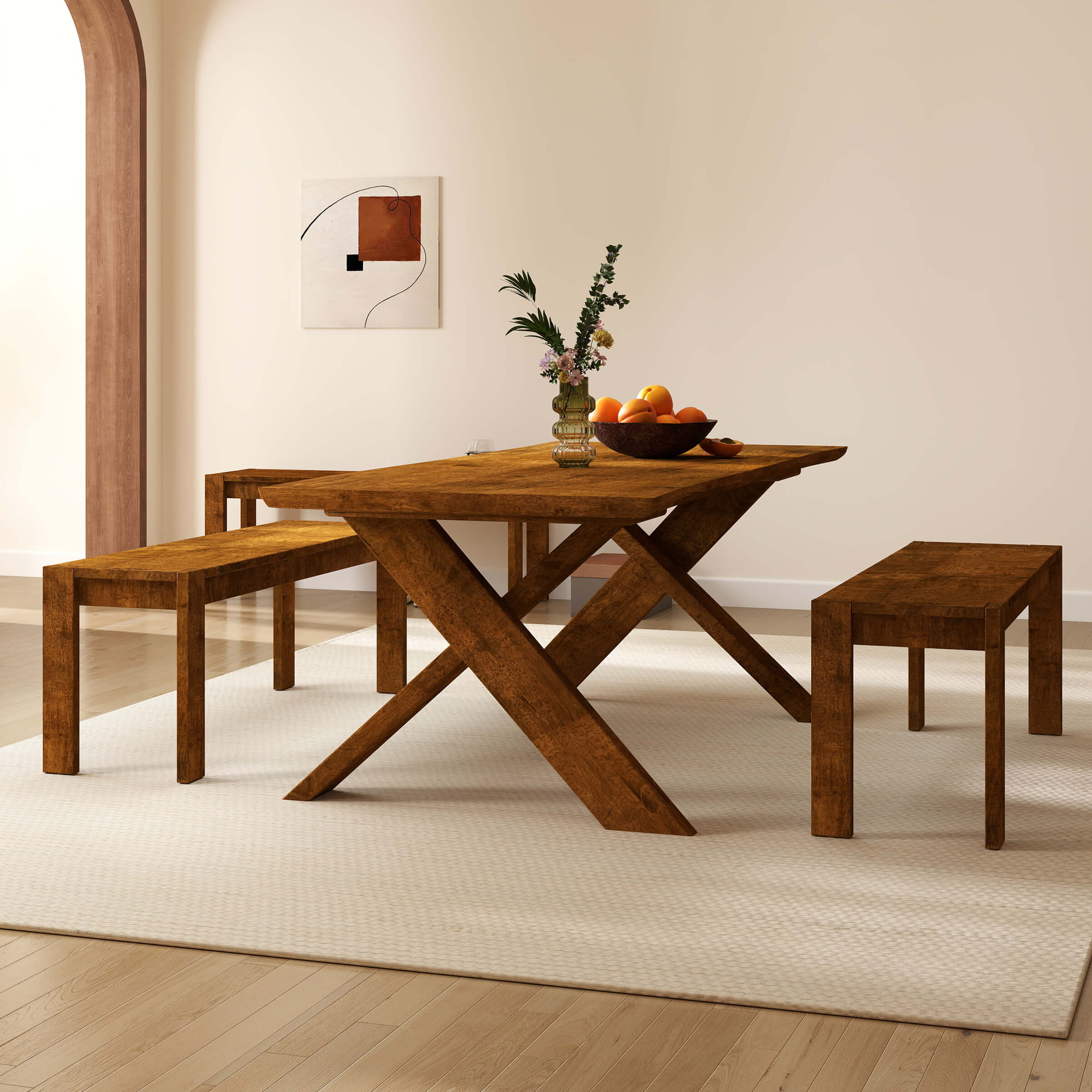 Dining table with benches and rug