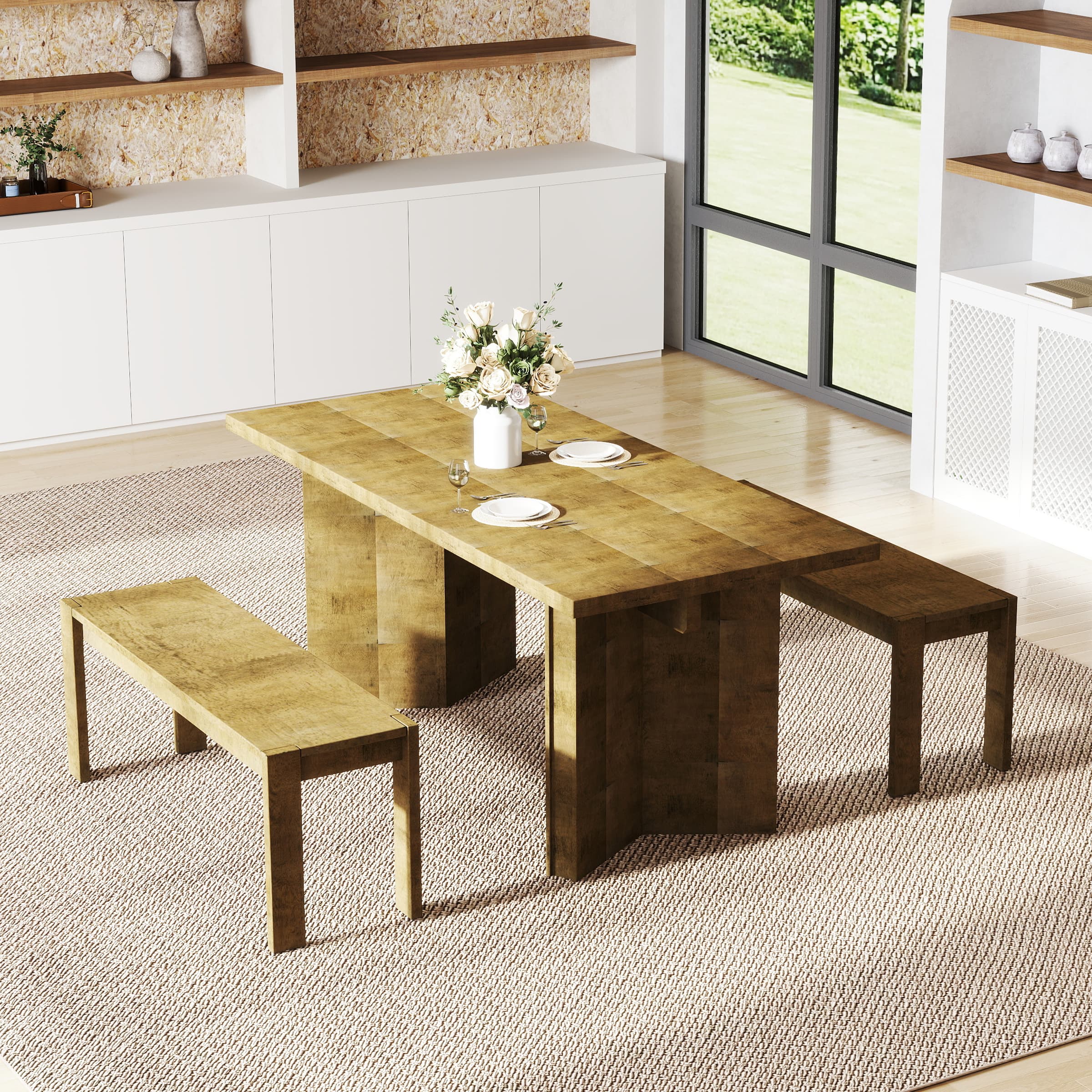 Wood dining table and benches in a modern kitchen setting