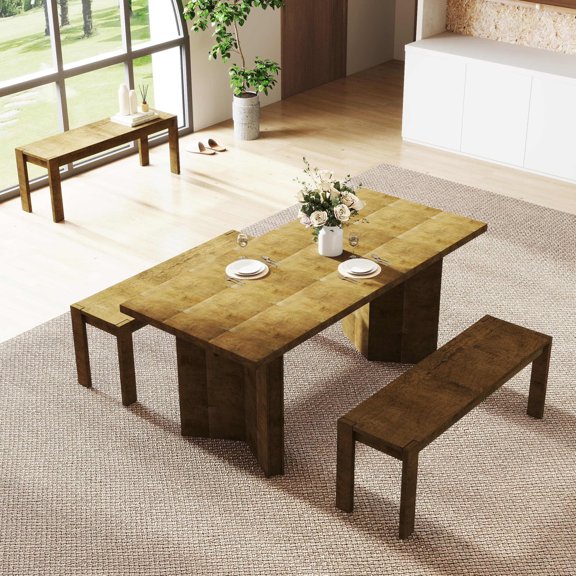 Top-down view of wooden dining table and benches in dining room