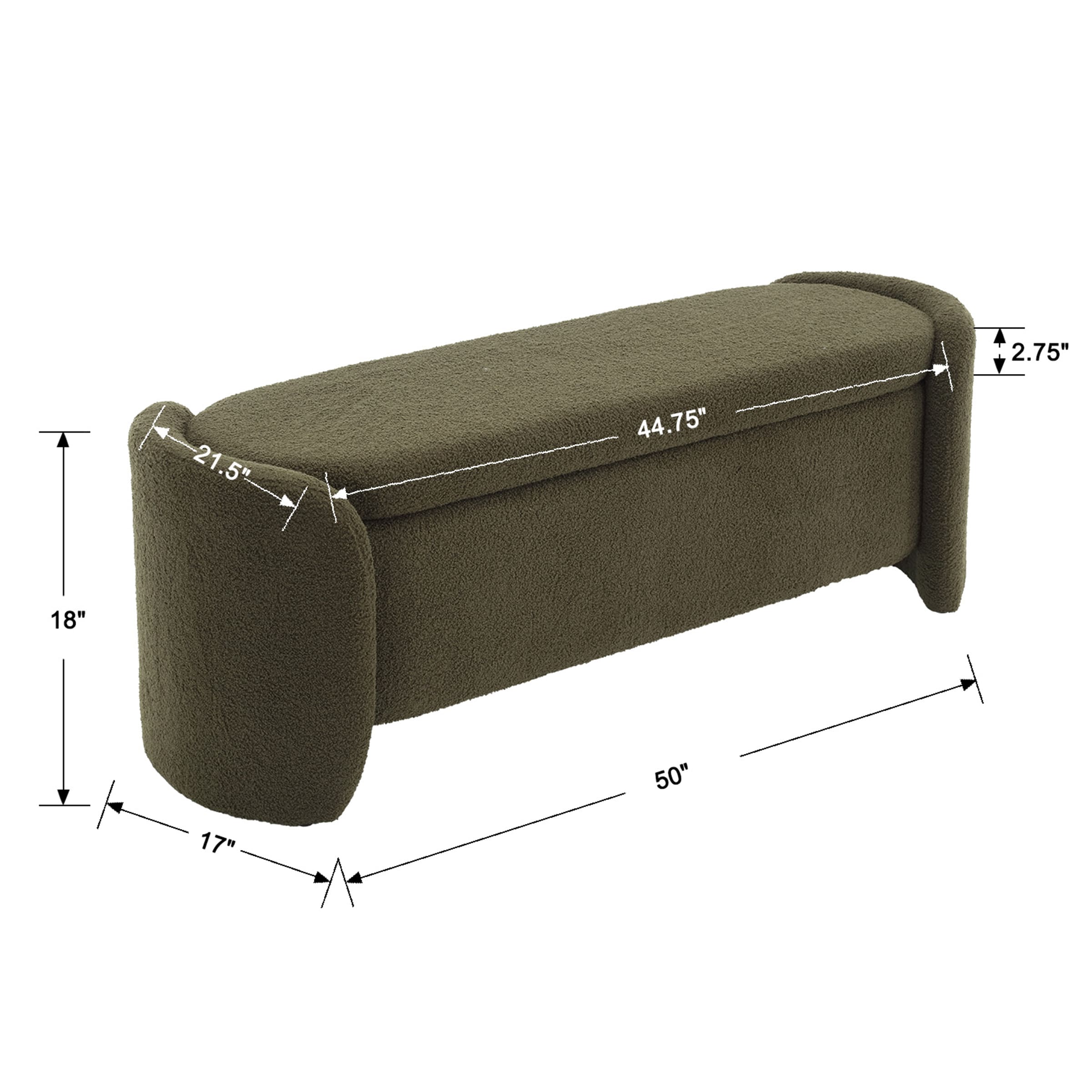 Dimensions of the storage bench: length 50", height 18", depth 17"