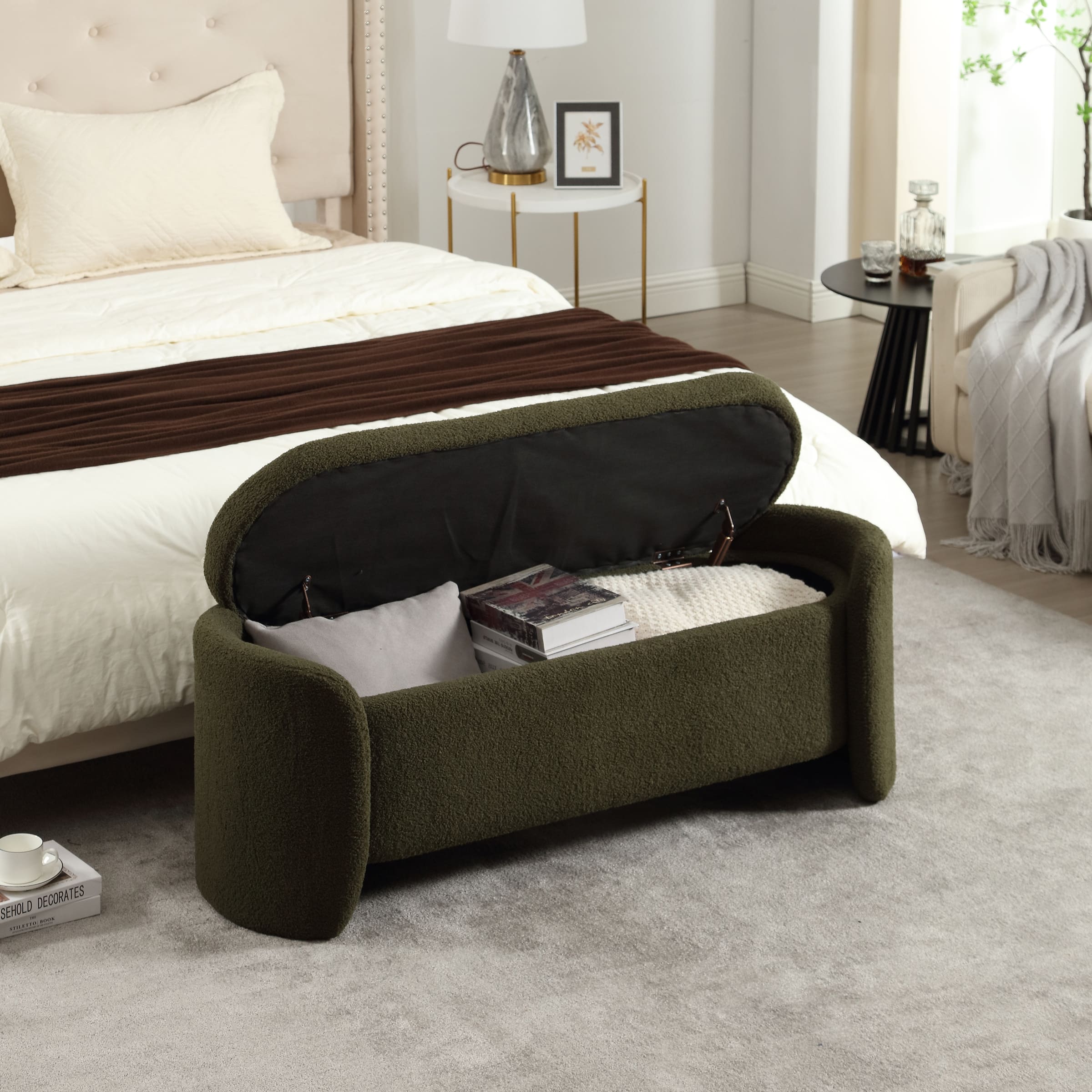 Sherpa storage bench with lid open and storage inside