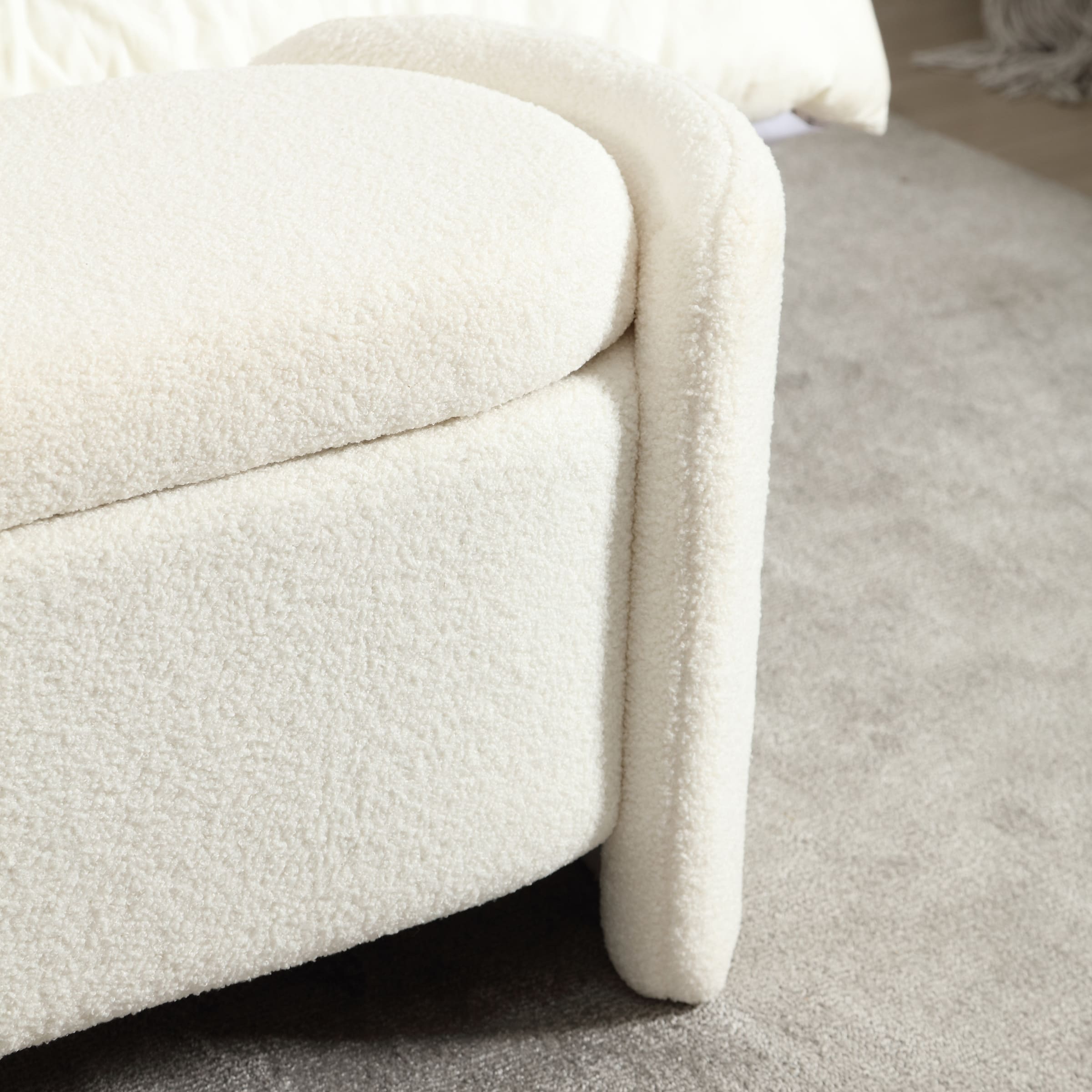 Side seam and texture of white sherpa bench