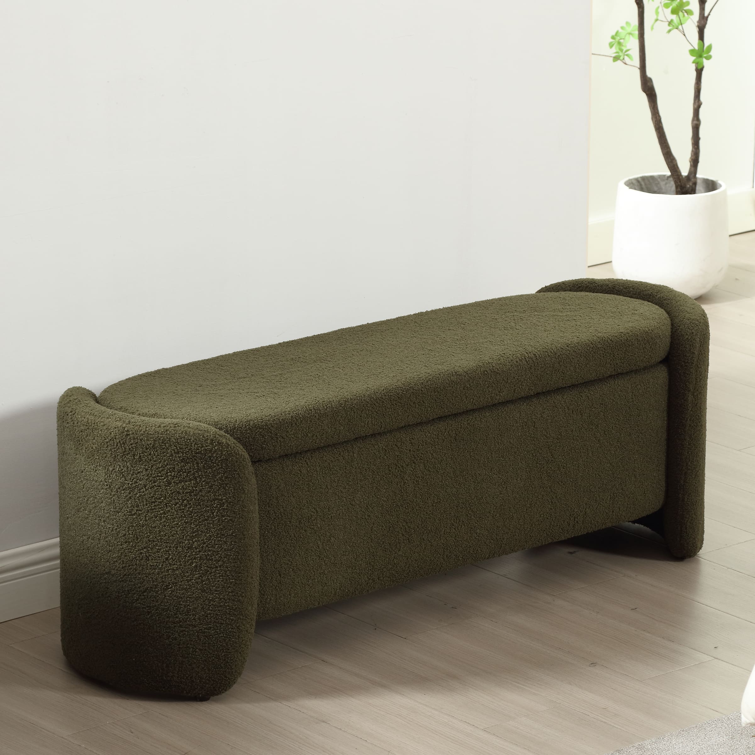 Sherpa storage bench beside bed