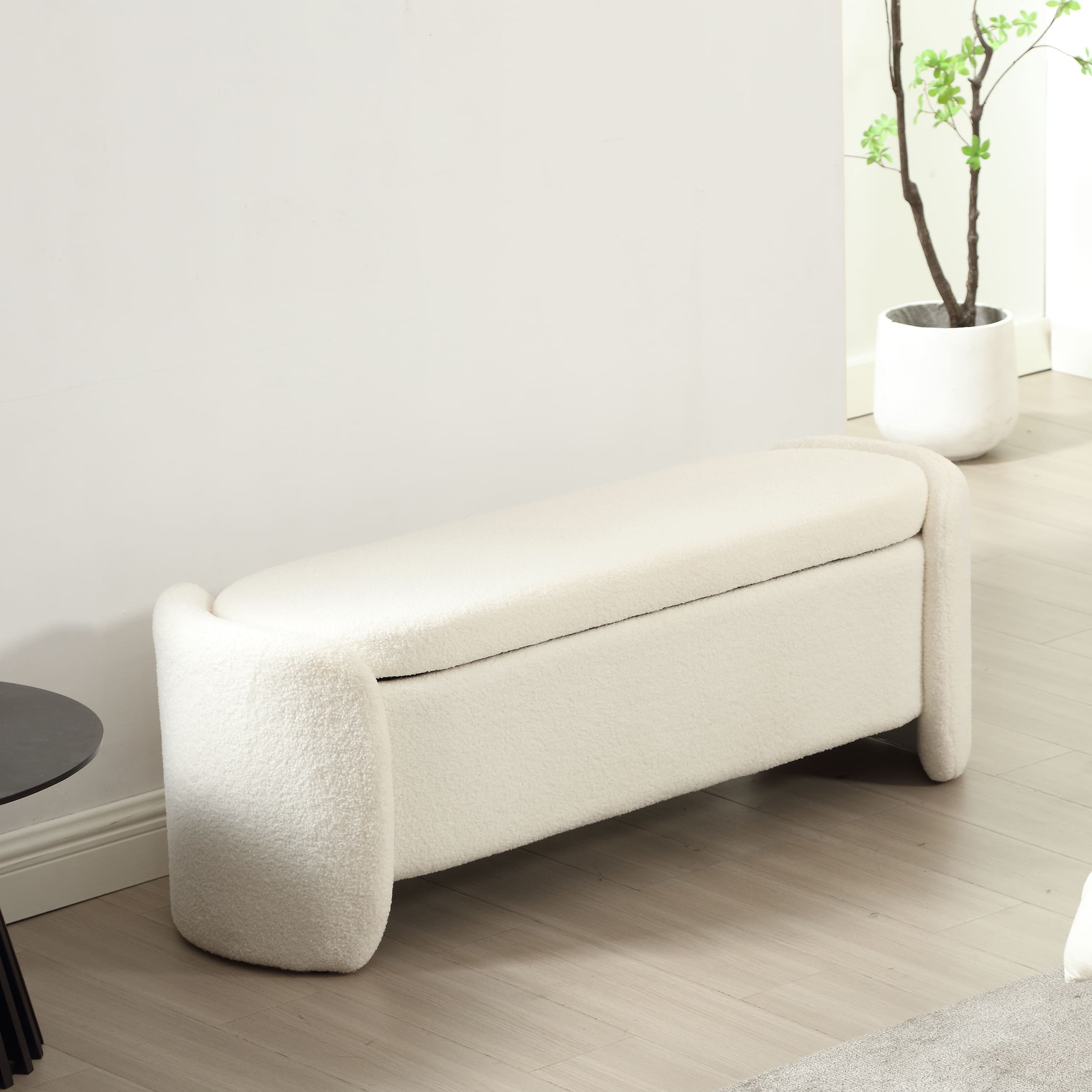 White sherpa bench from side profile