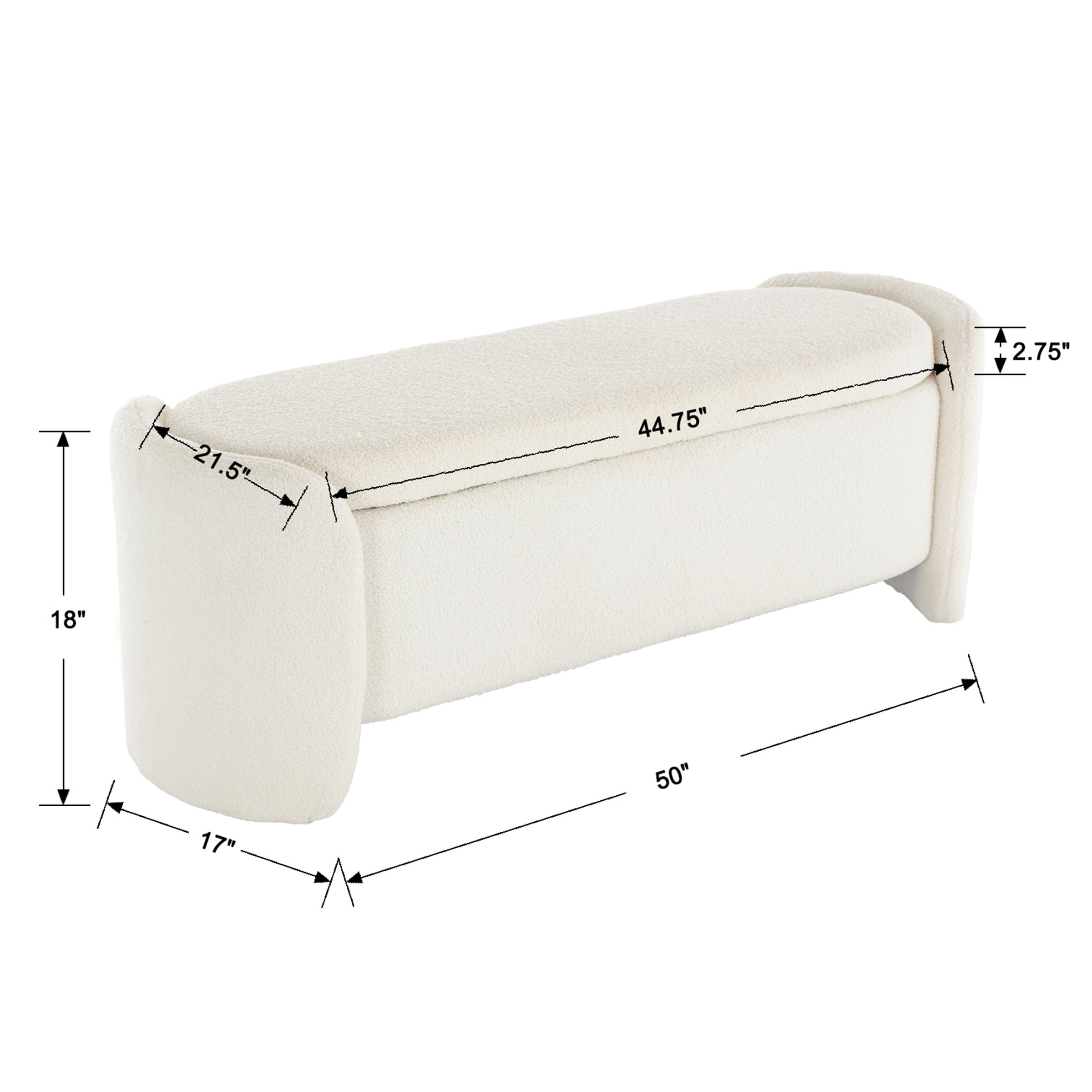 White sherpa bench with dimensions diagram