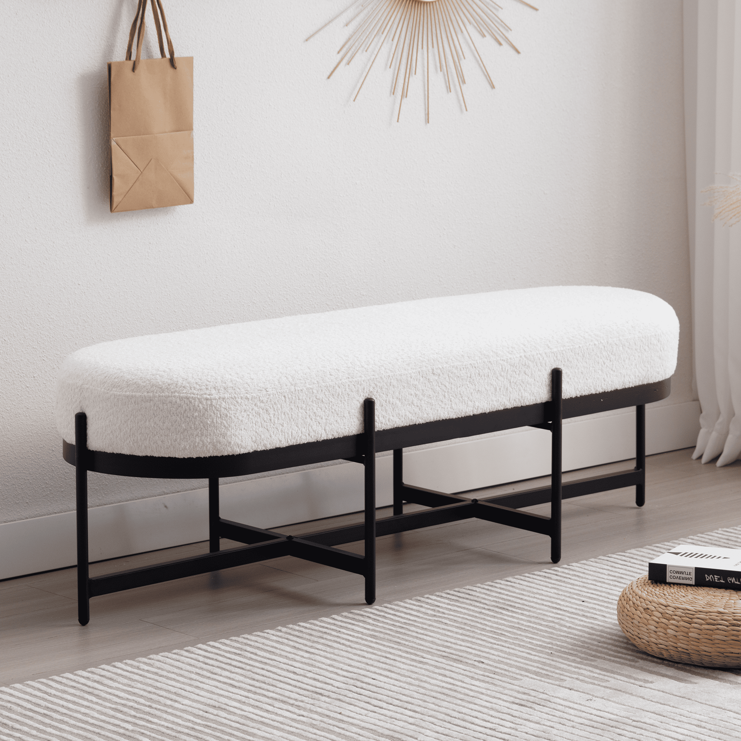 ROCITY 55" Modern Entryway Bench with Black Metal - 1012BH