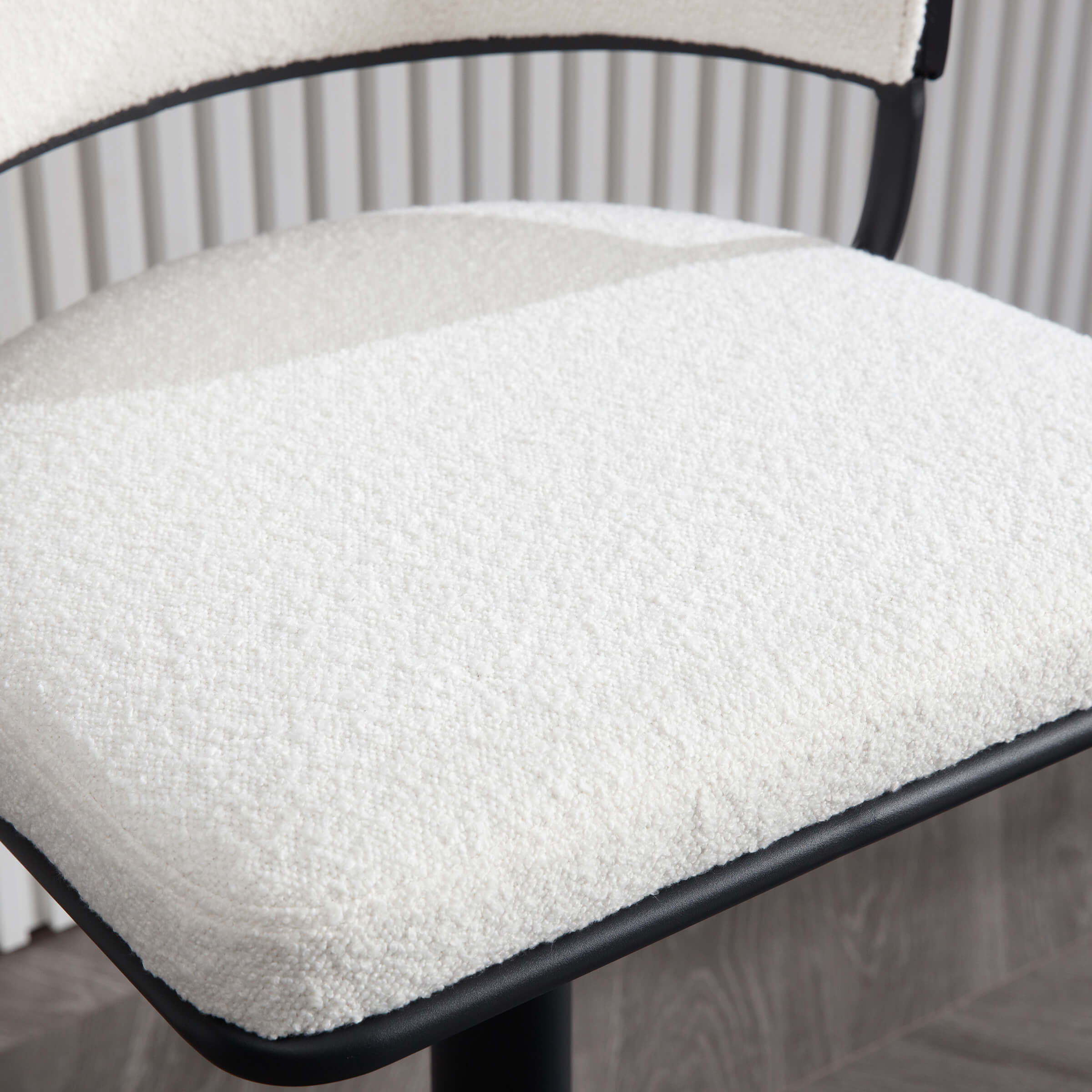 Close-up of white sherpa seat fabric
