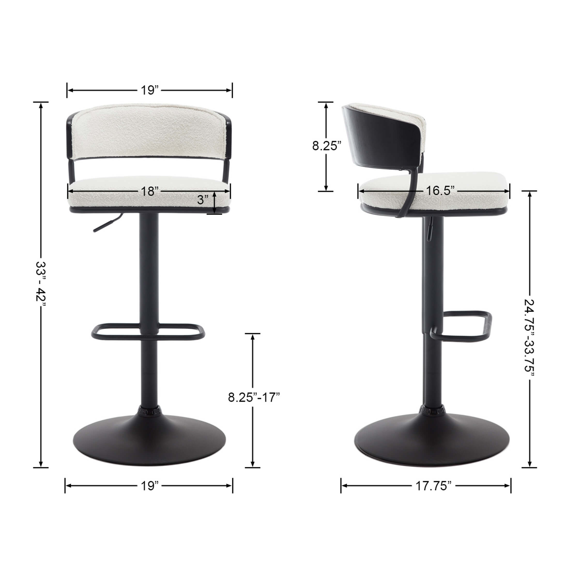 ROCITY Adjustable Modern Swivel Curved Back Bar Stools Set of 2 - 3184