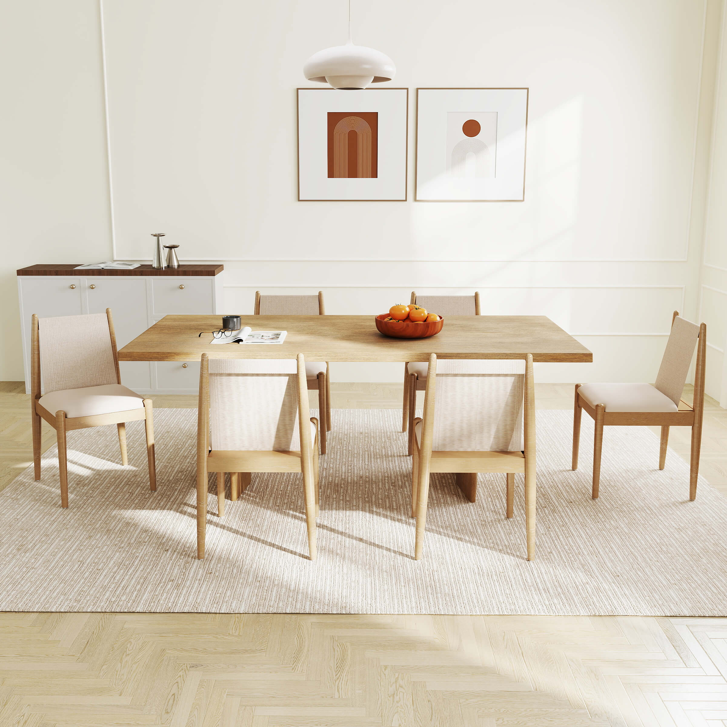 Dining chairs arranged around a long table in a bright room