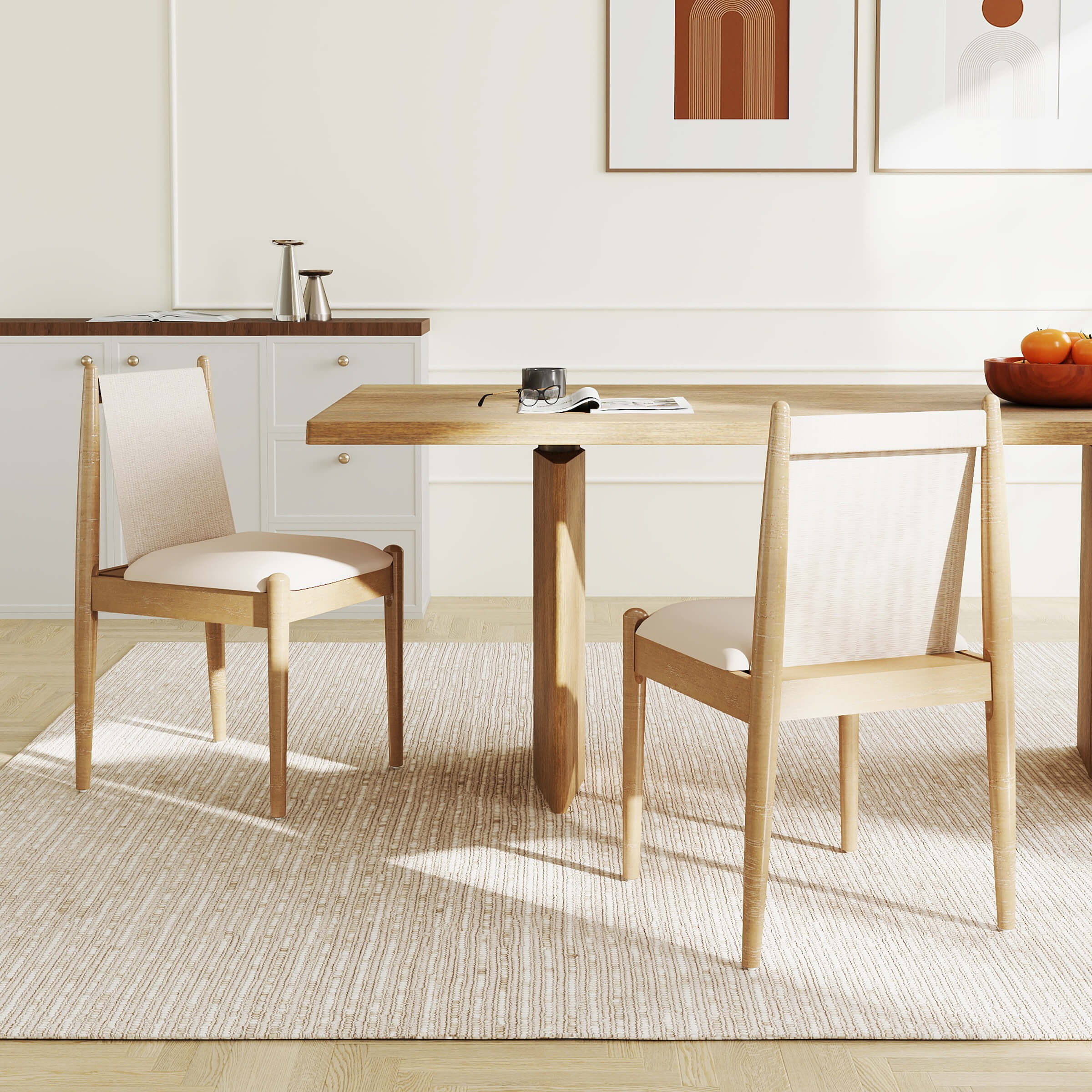 Dining chairs around table in a home