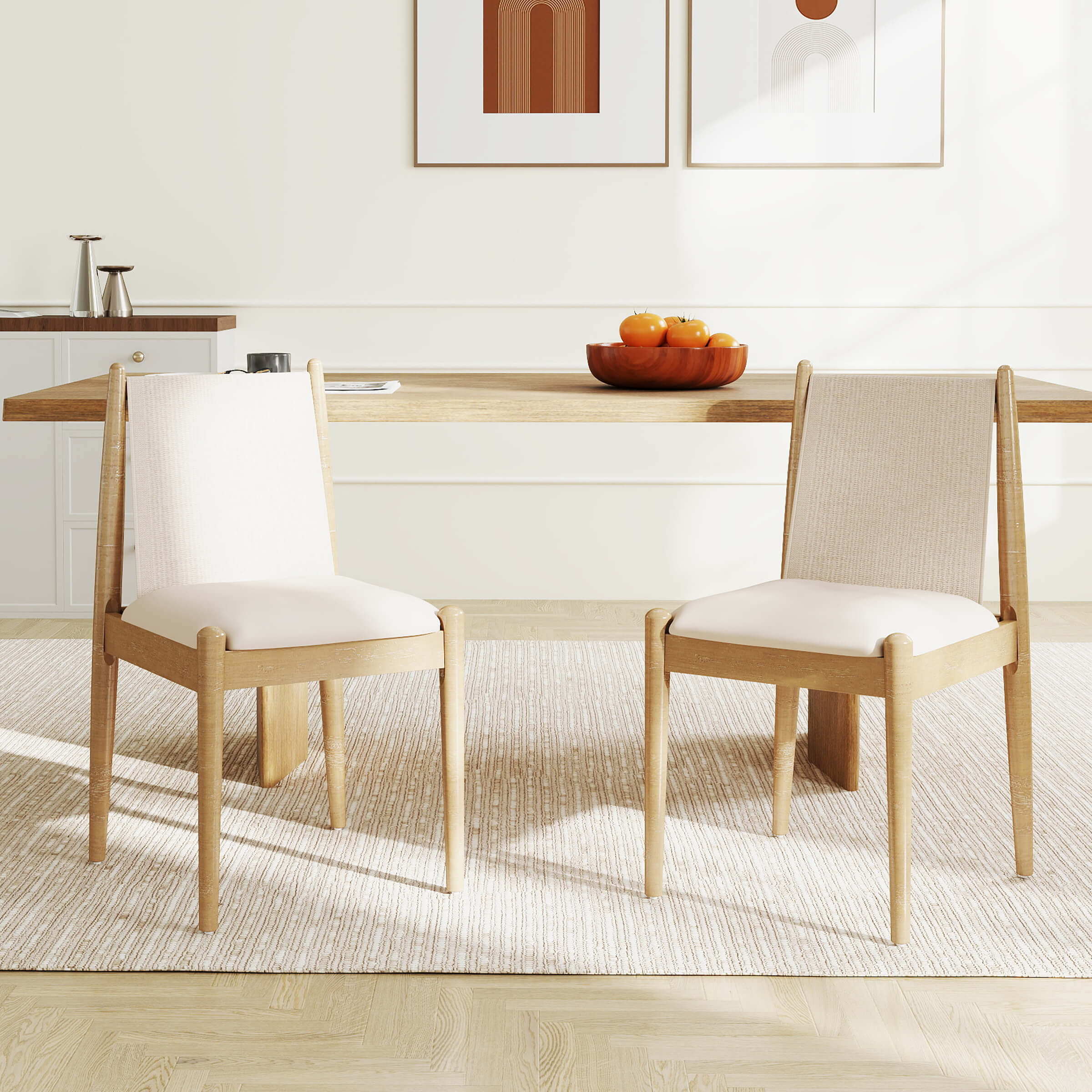 Two-tone chairs in natural wood frame with upholstered seats