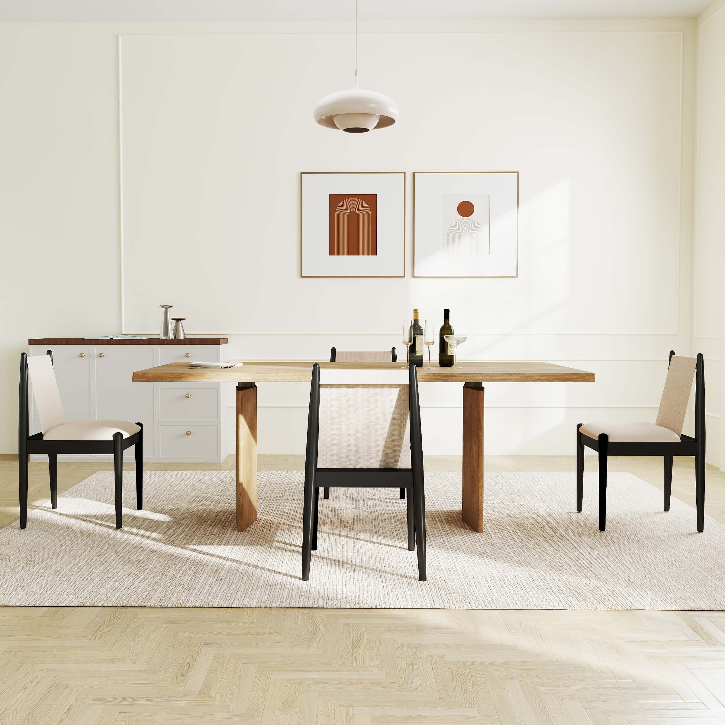 Dining chairs set with table in a bright room