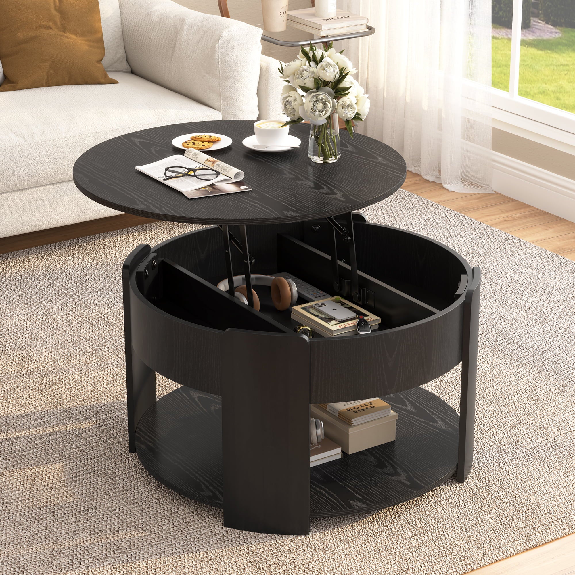 32.5" Modern Farmhouse Round Lift Top Coffee Table with Storage