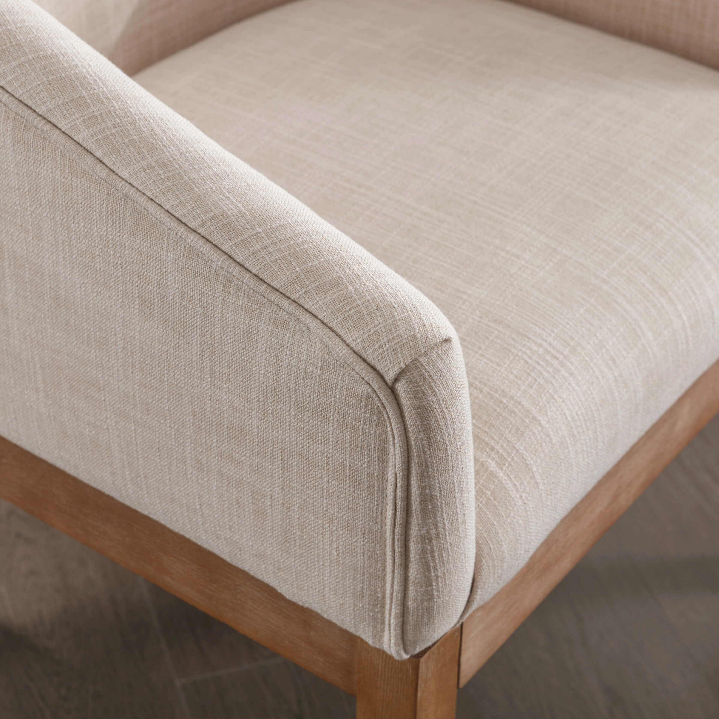 Close-up of armrest corner and fabric