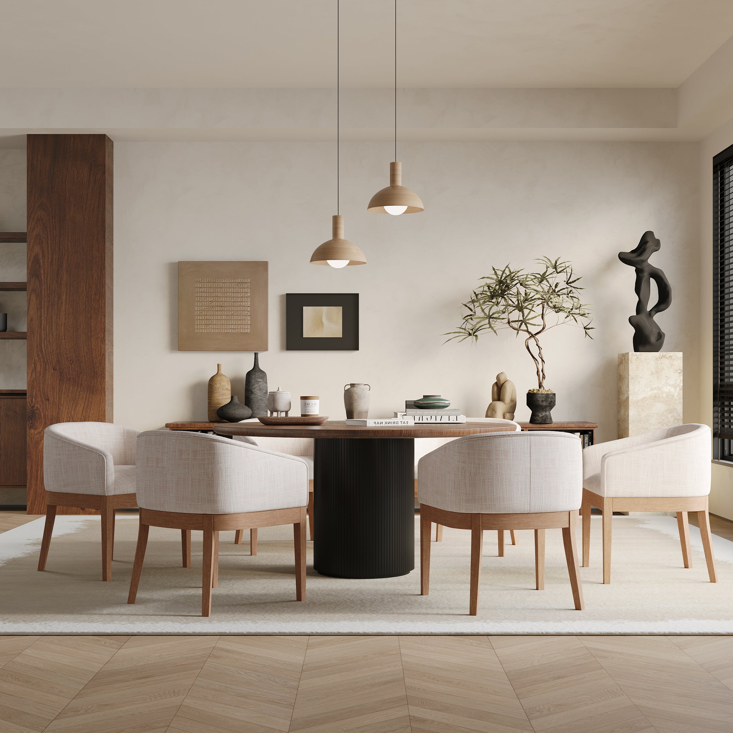 Six beige upholstered chairs around round dining table in an airy room