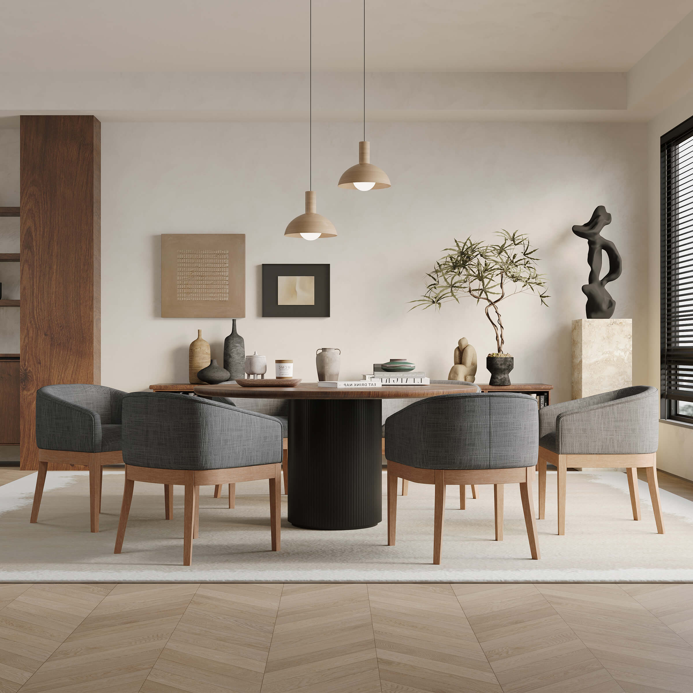 Dining set with six beige chairs around table