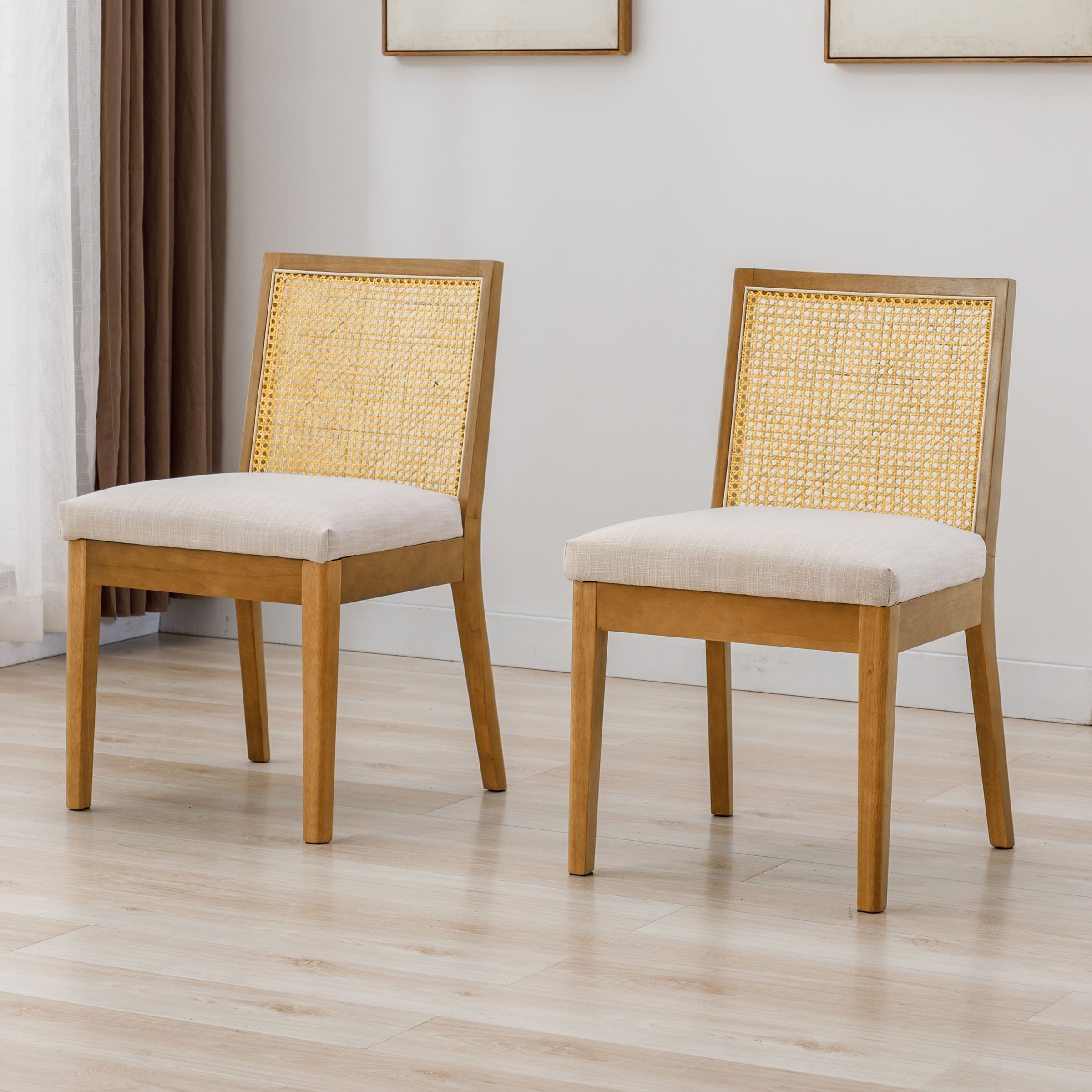 Square Rattan Back Linen Beige Dining Chairs Set of 2 - 1932DC
