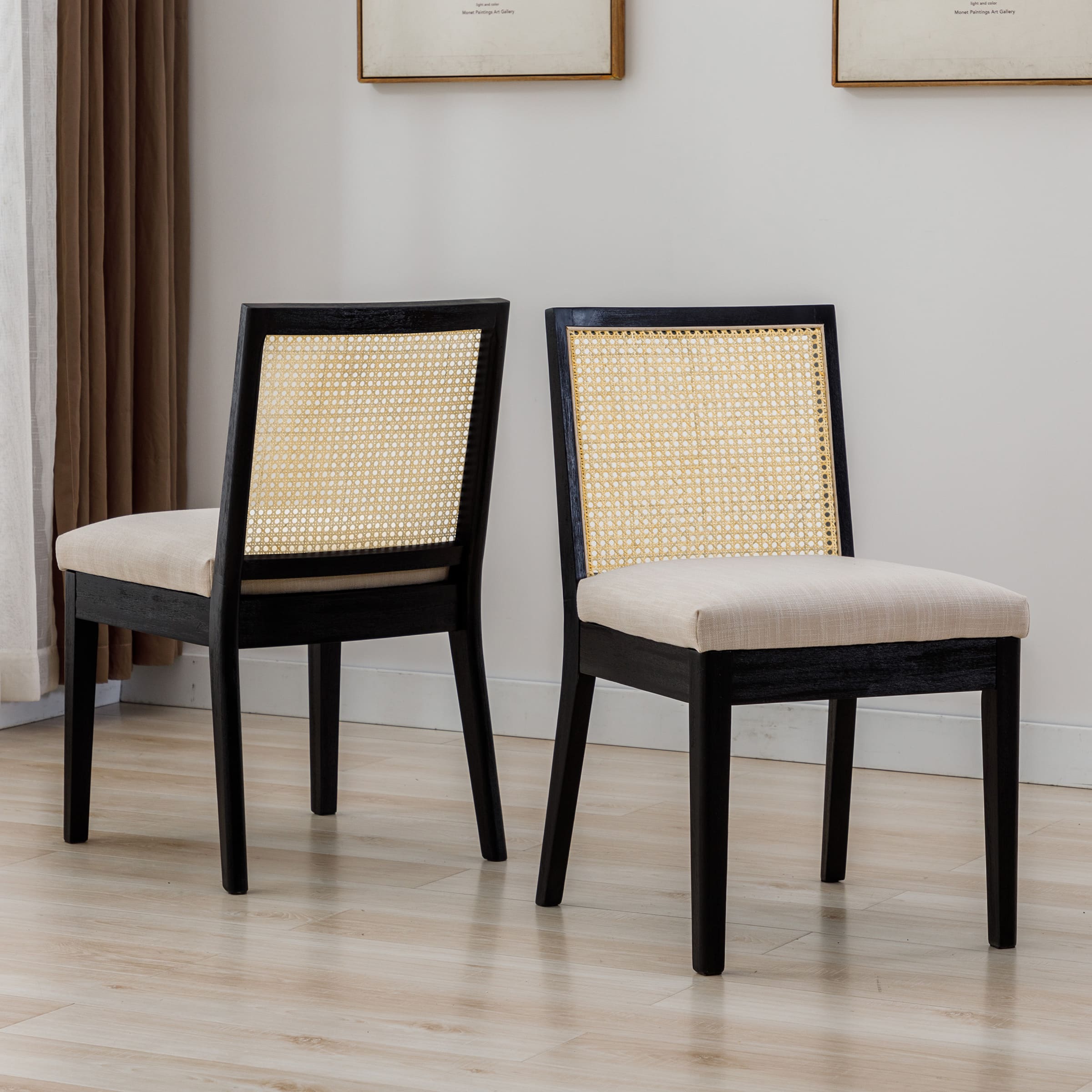 Square Rattan Back Linen Beige Dining Chairs Set of 2 - 1932DC