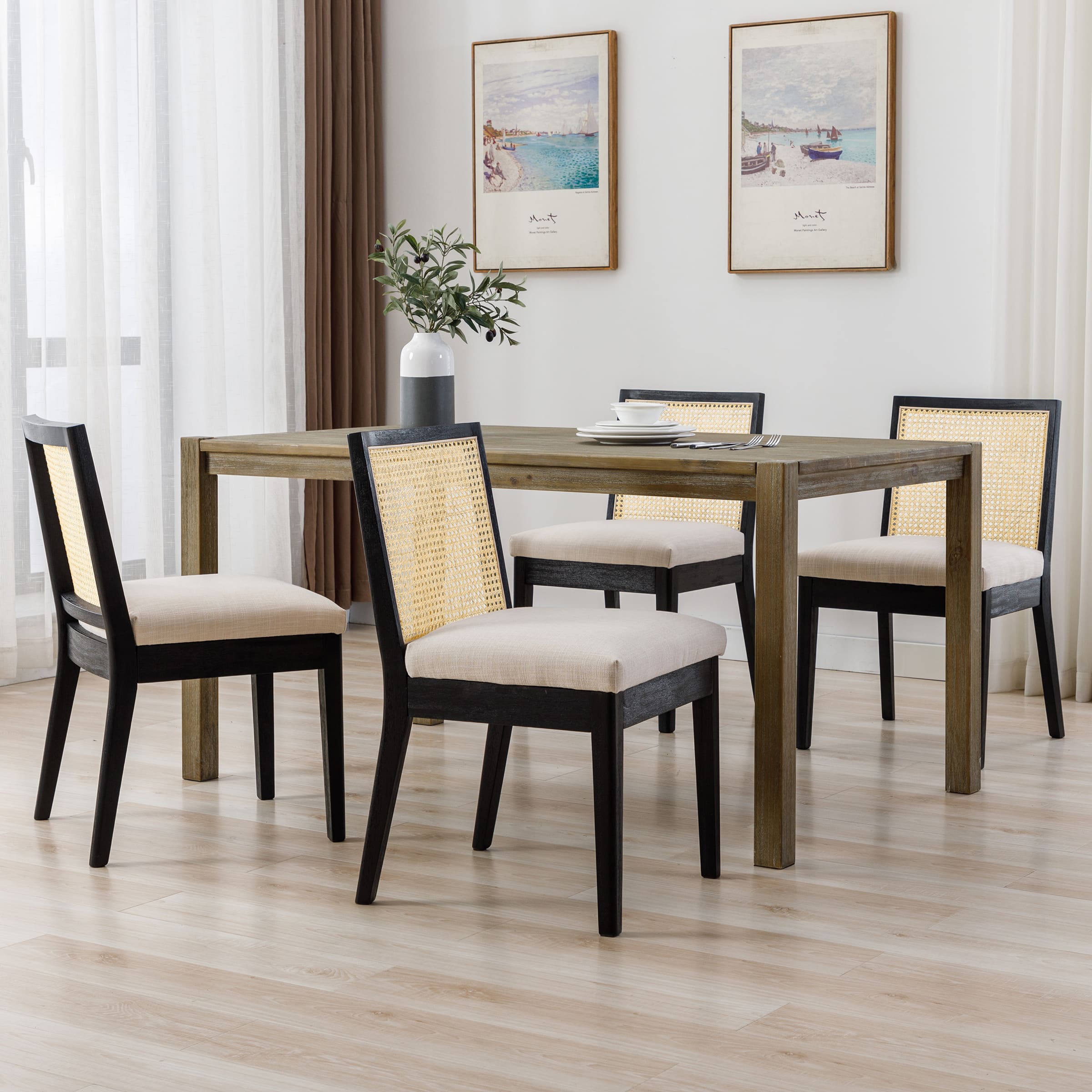 Square Rattan Back Linen Beige Dining Chairs Set of 2 - 1932DC