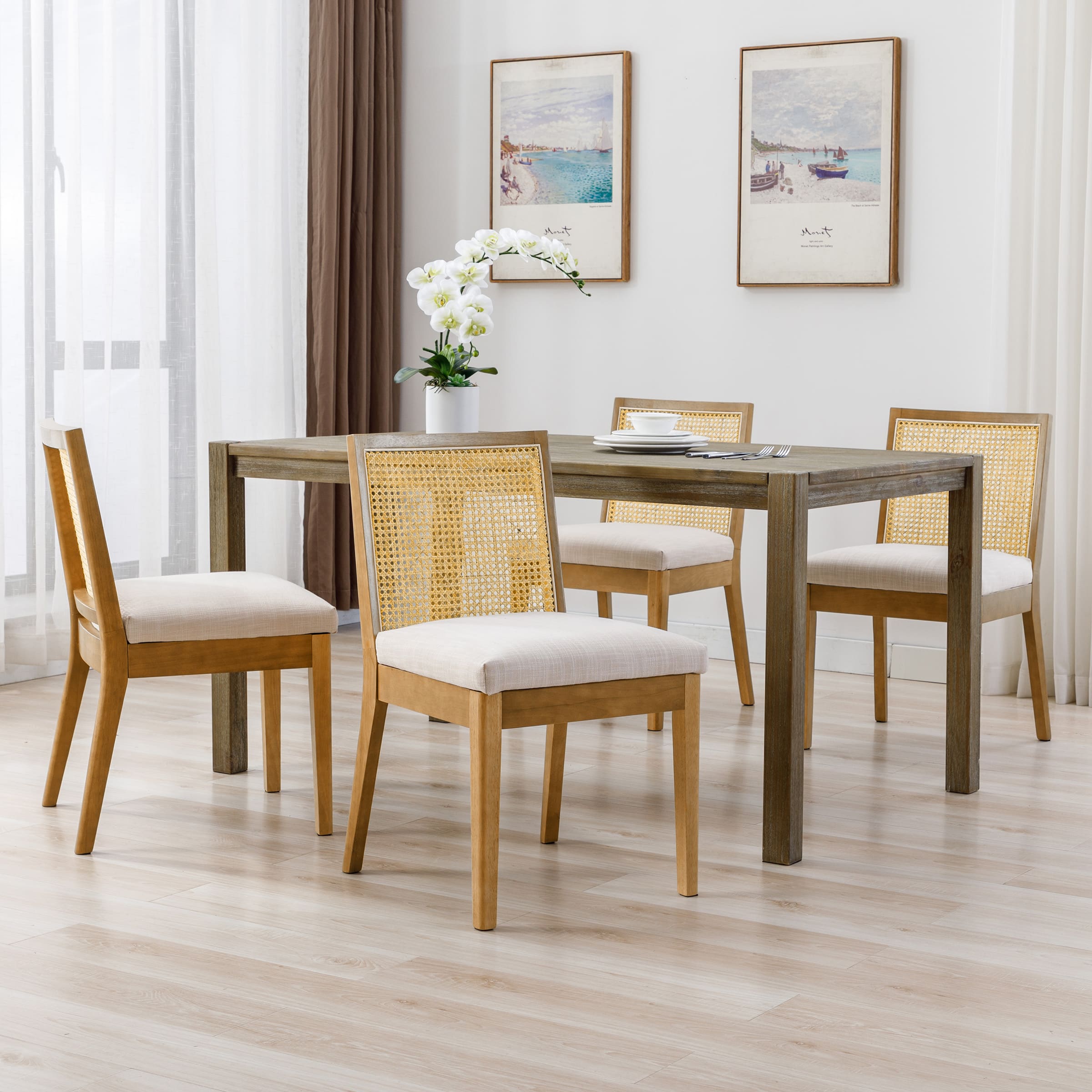 Square Rattan Back Linen Beige Dining Chairs Set of 2 - 1932DC