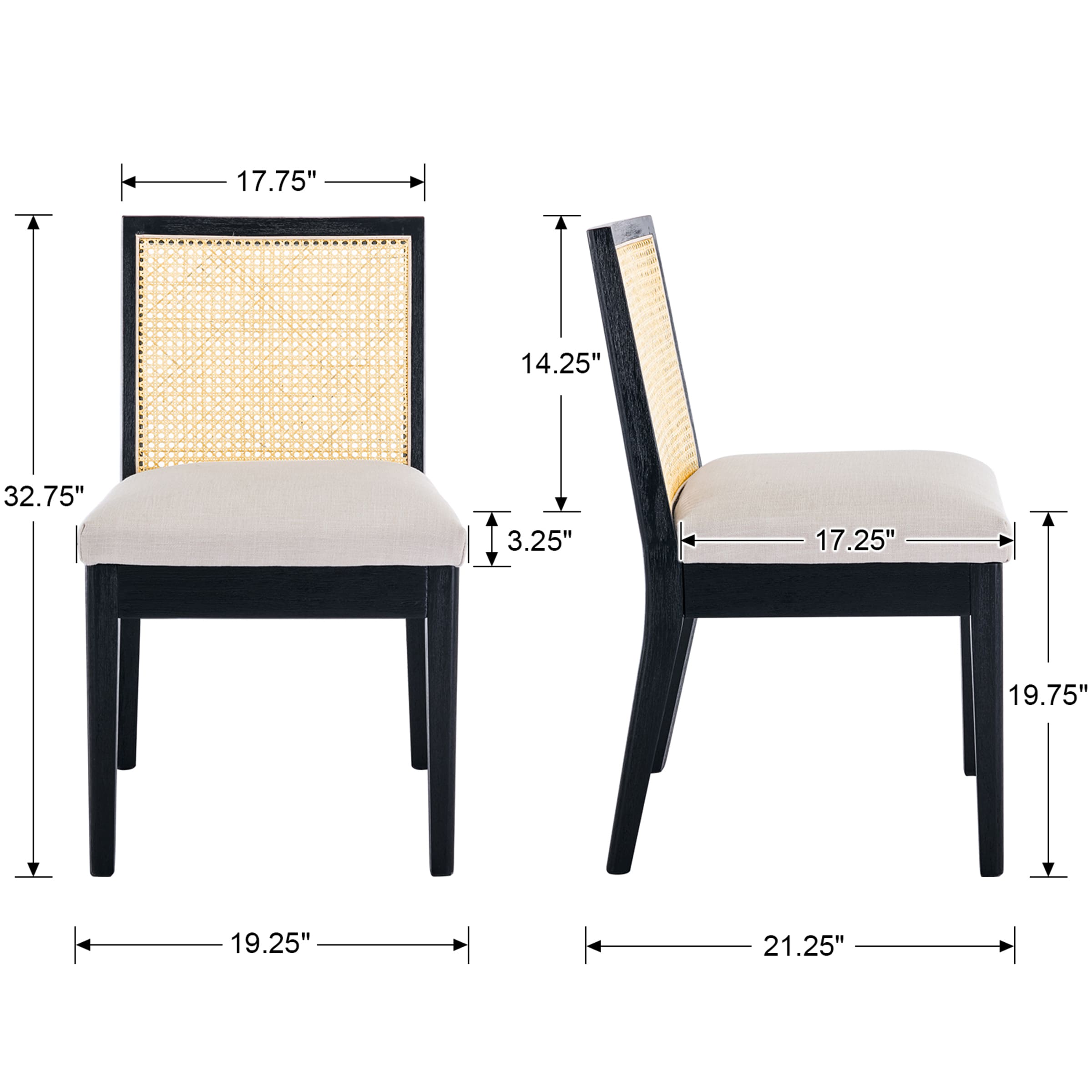 Square Rattan Back Linen Beige Dining Chairs Set of 2 - 1932DC