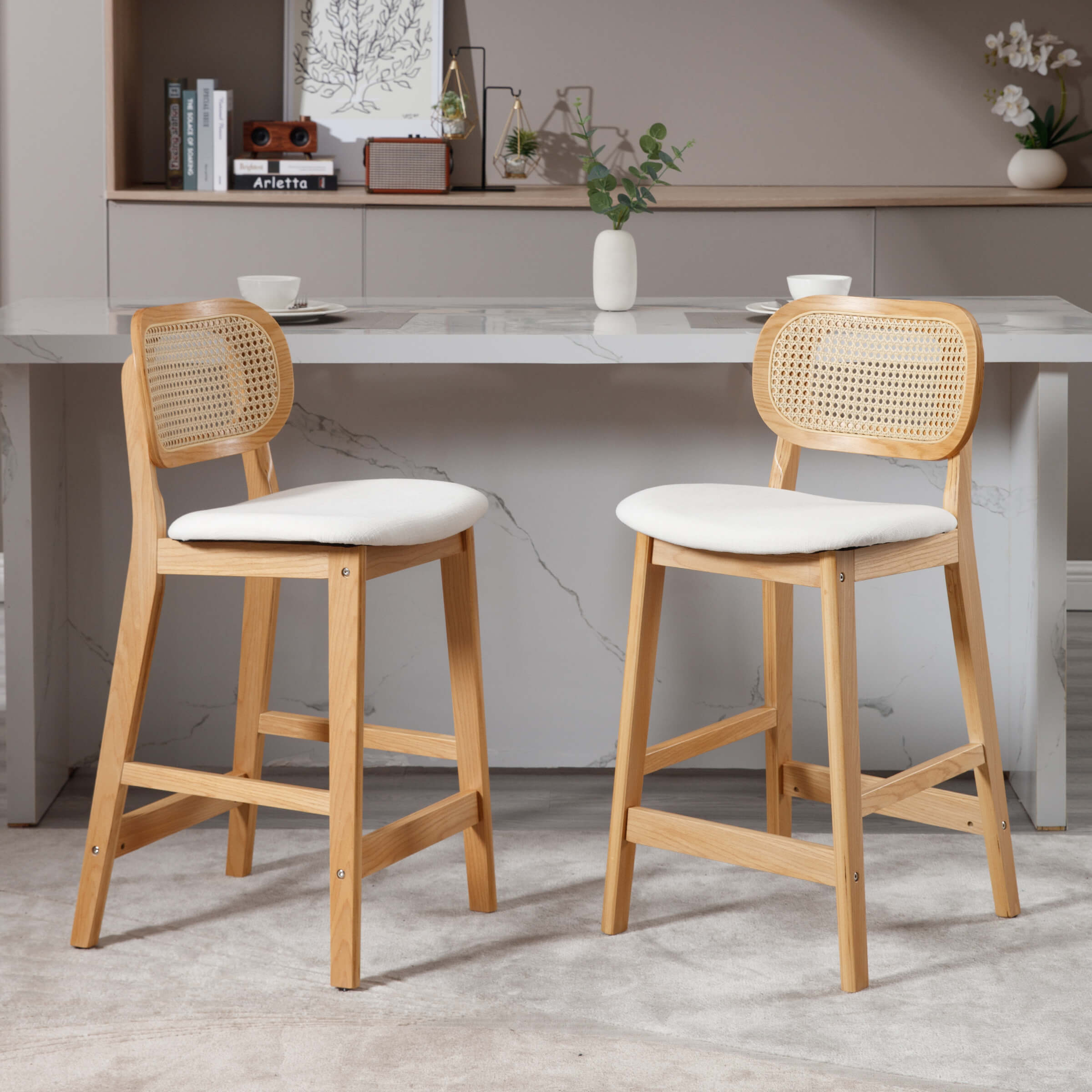 VESCASA 26"H Farmhouse Rattan Back Counter Stools Set of 2 - 5026CS