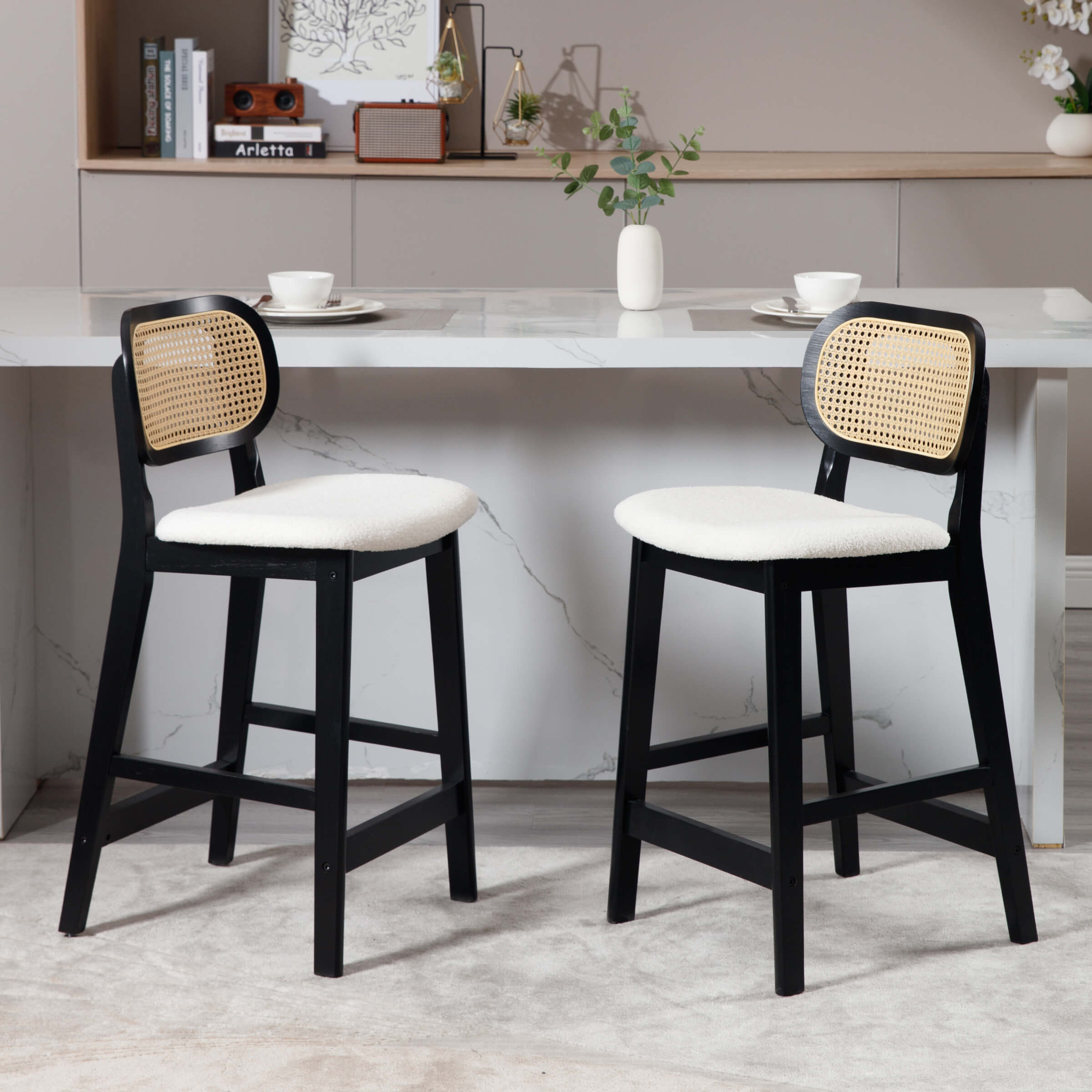 VESCASA 26"H Farmhouse Rattan Back Counter Stools Set of 2 - 5026CS