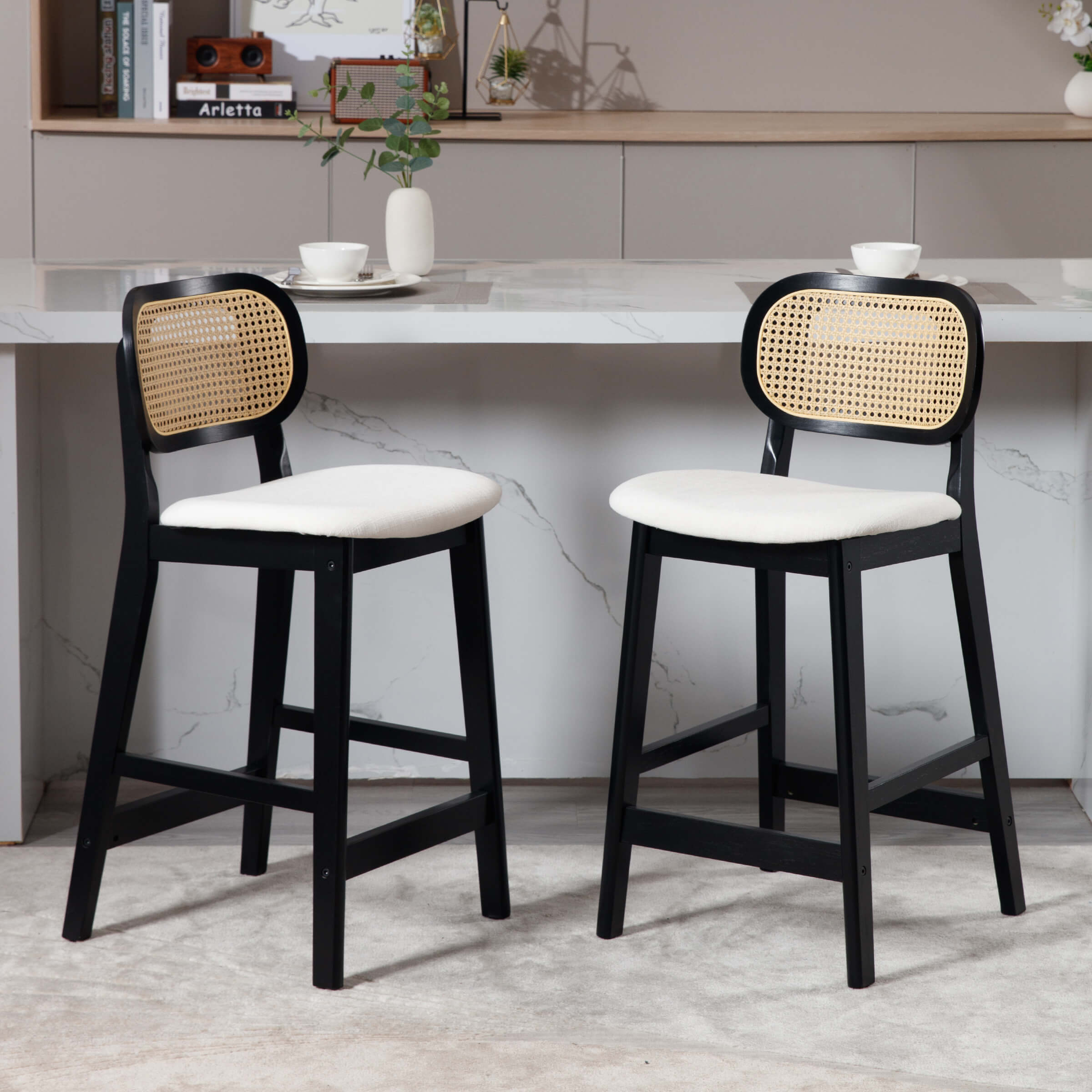 VESCASA 26"H Farmhouse Rattan Back Counter Stools Set of 2 - 5026CS