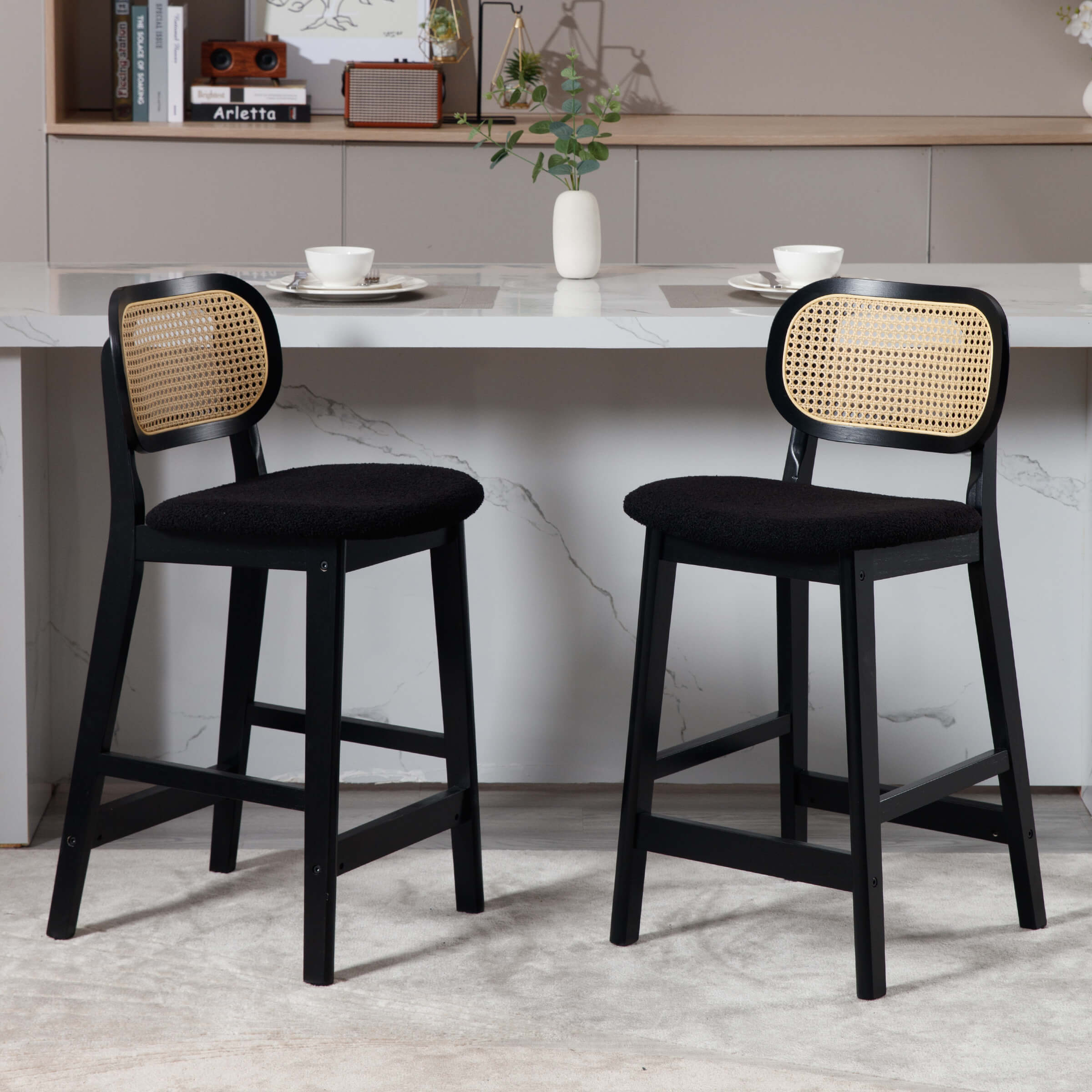 VESCASA 26"H Farmhouse Rattan Back Counter Stools Set of 2 - 5026CS