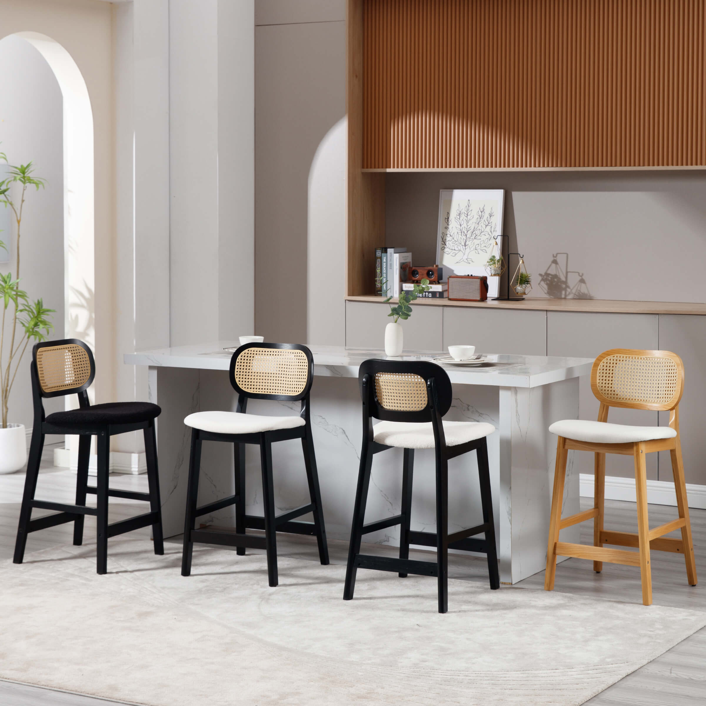 VESCASA 26"H Farmhouse Rattan Back Counter Stools Set of 2 - 5026CS