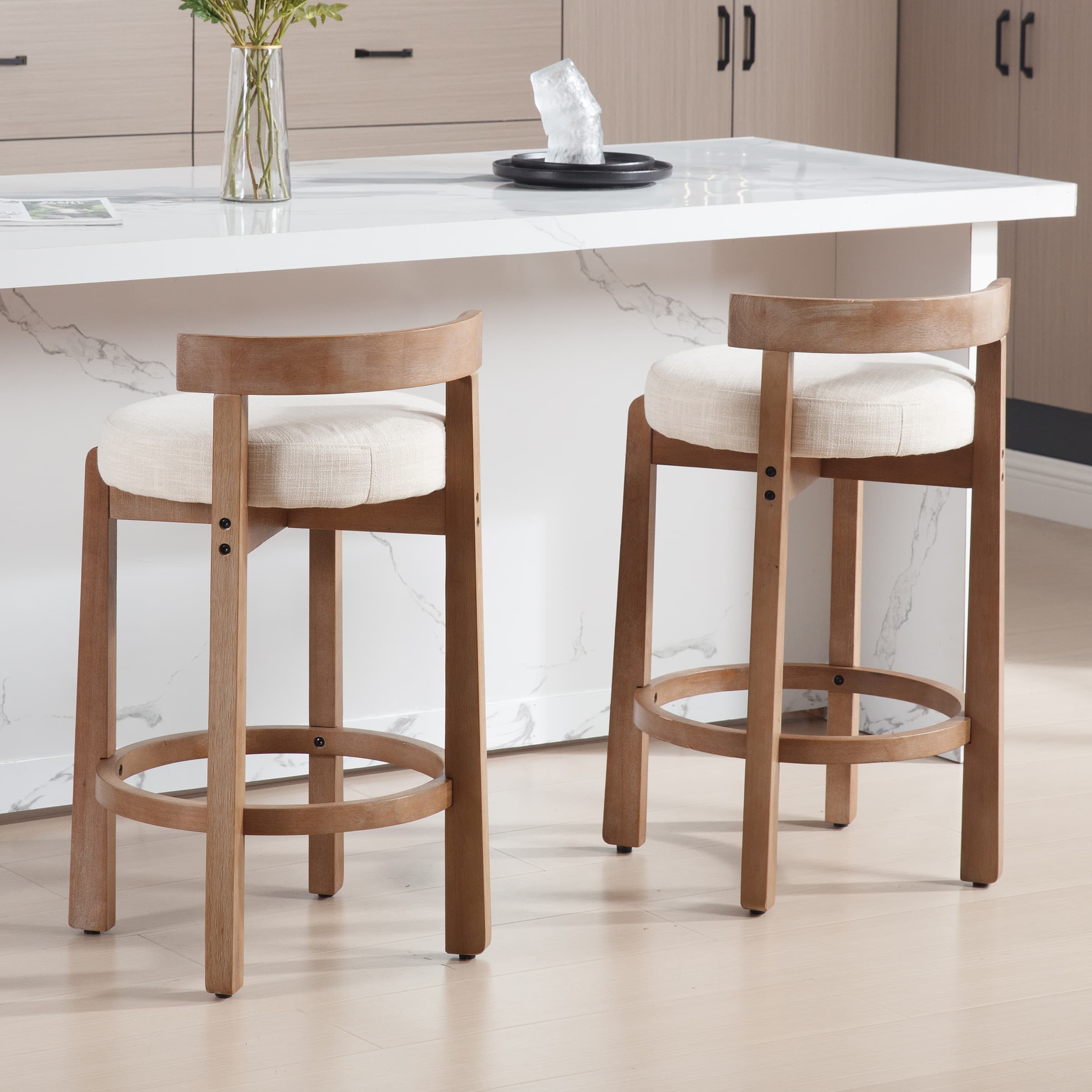 Two stools at a kitchen island, front view