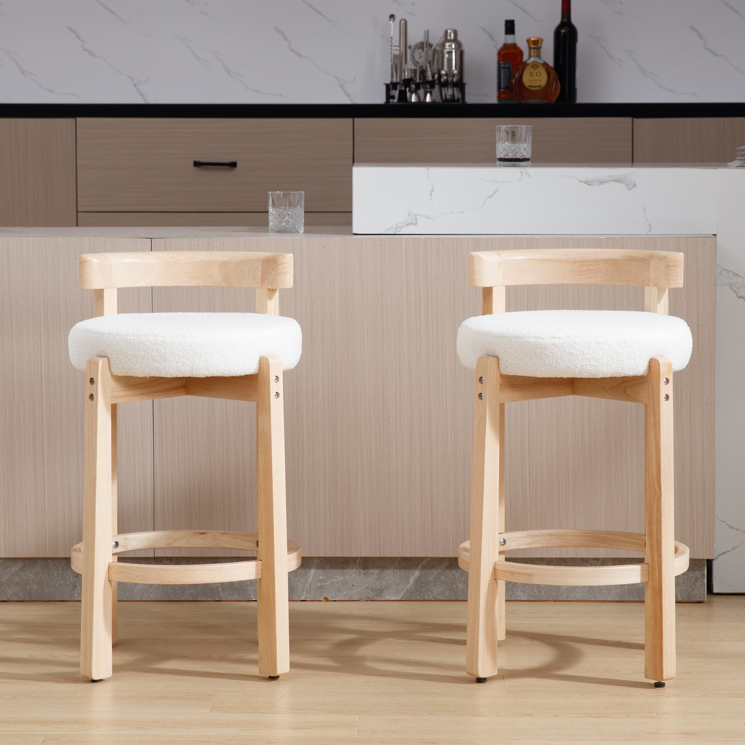 Two stools shown behind a kitchen island