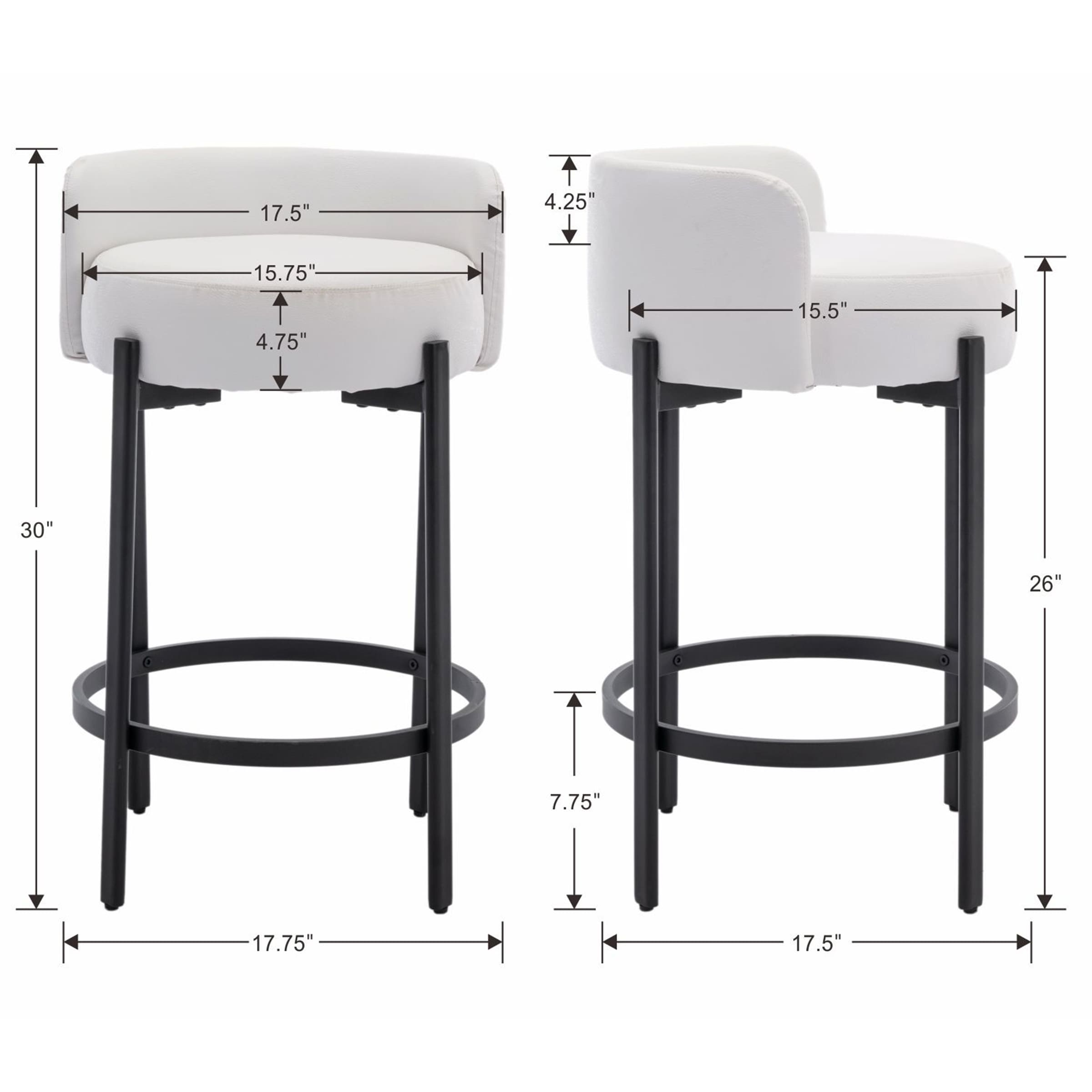 Product dimensions diagram showing two stools with measurements
