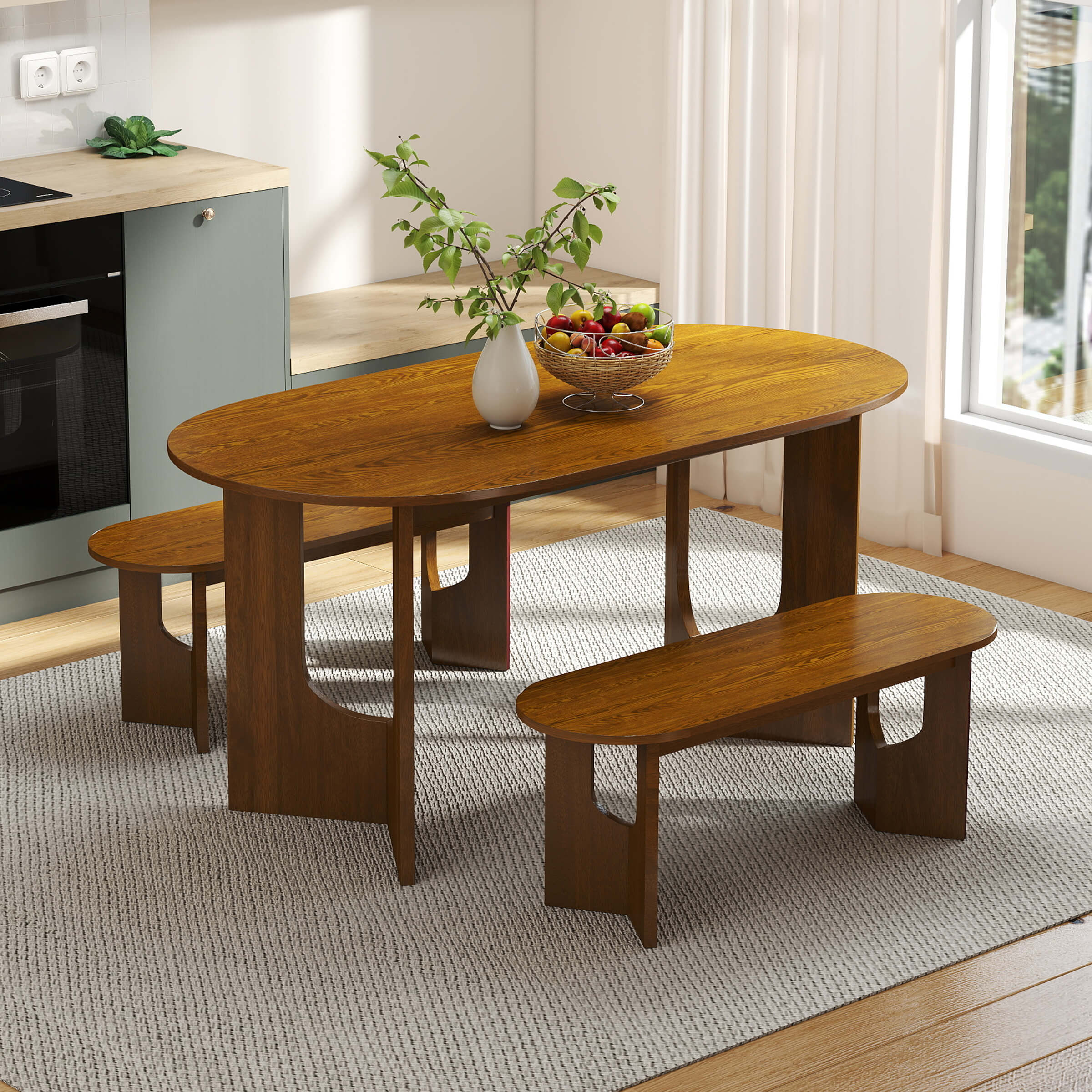 VESCASA 47.25"L Walnut Oval Solid Wood Dining Bench - 00066BH