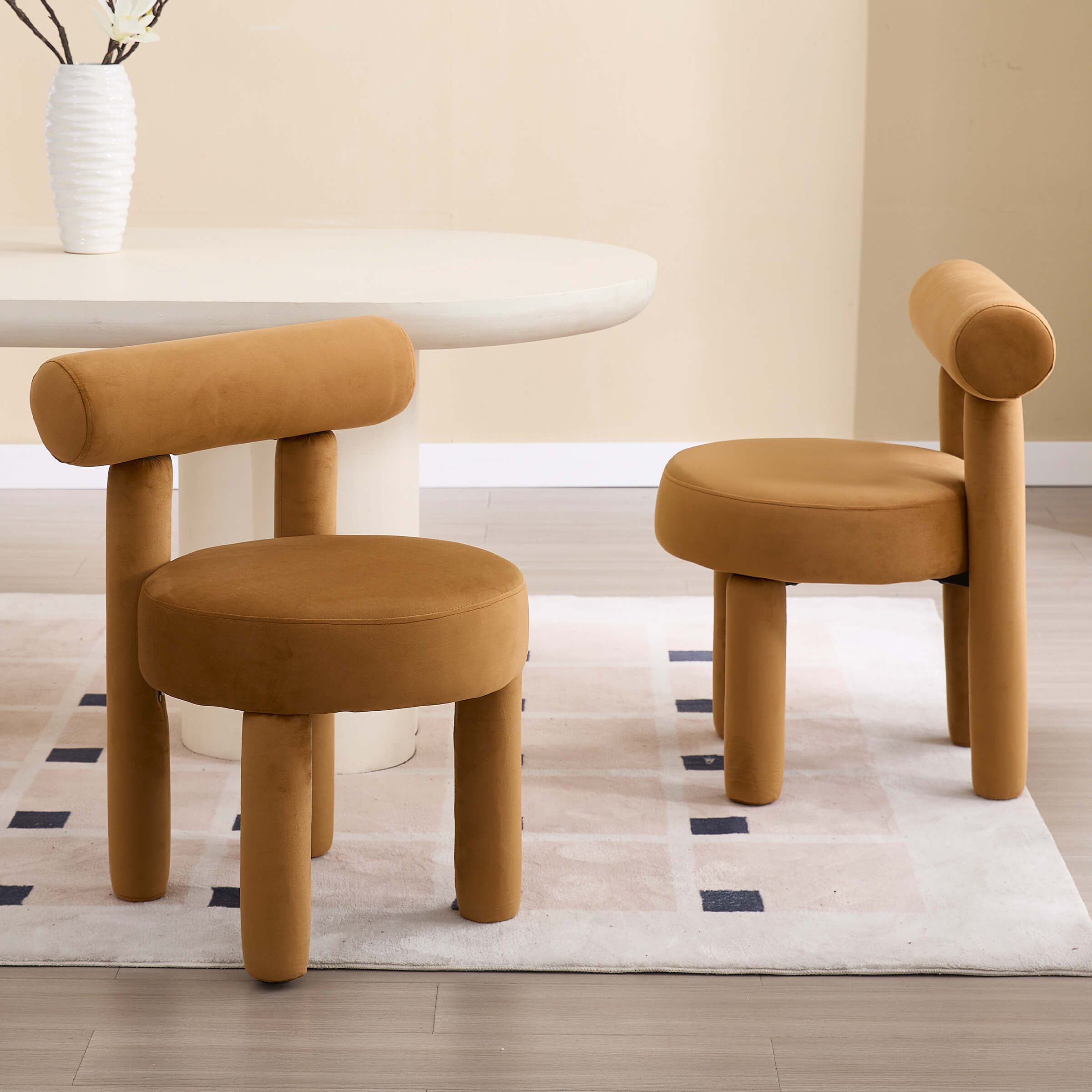 Brown dining chairs set with table in living space