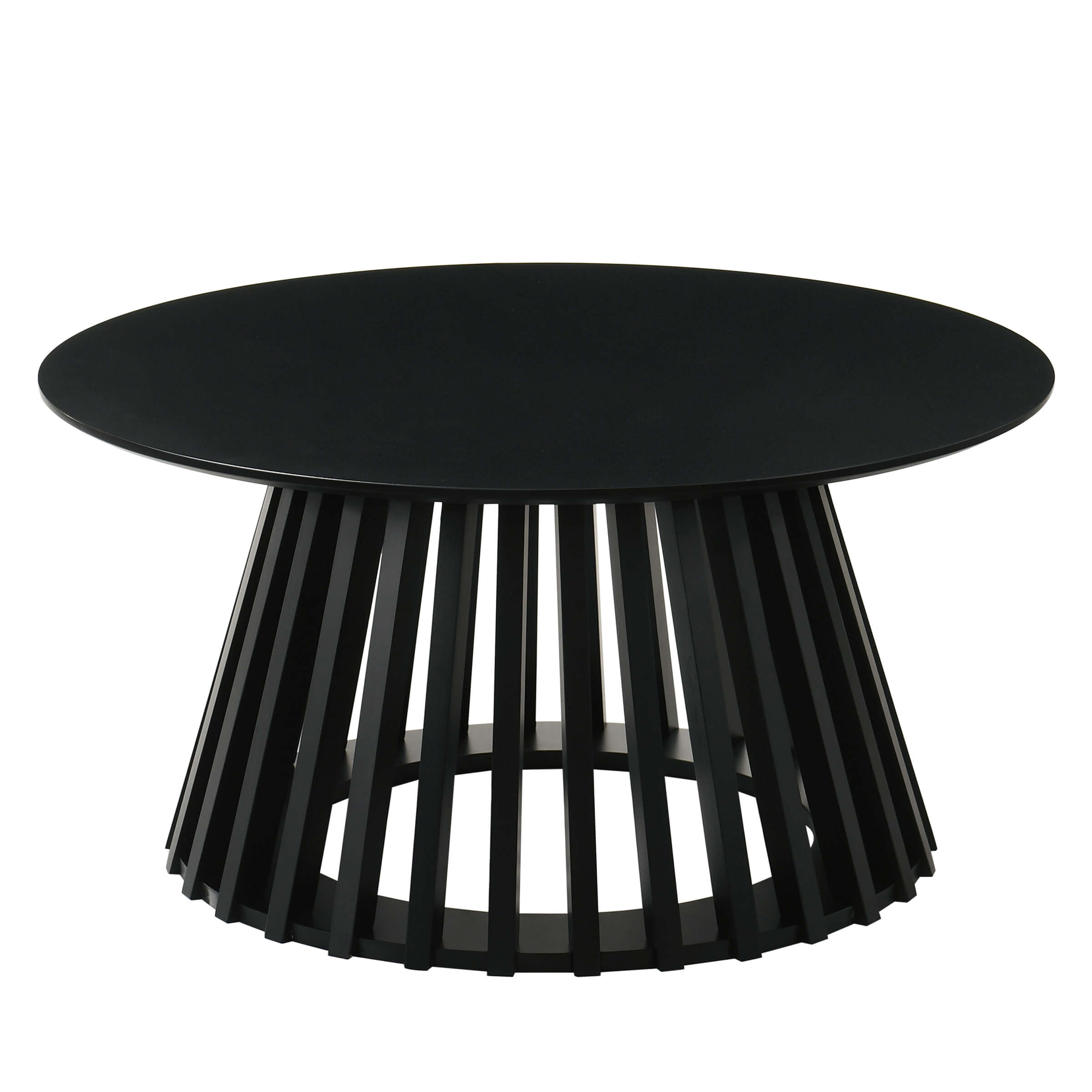Black round coffee table with geometric slat base