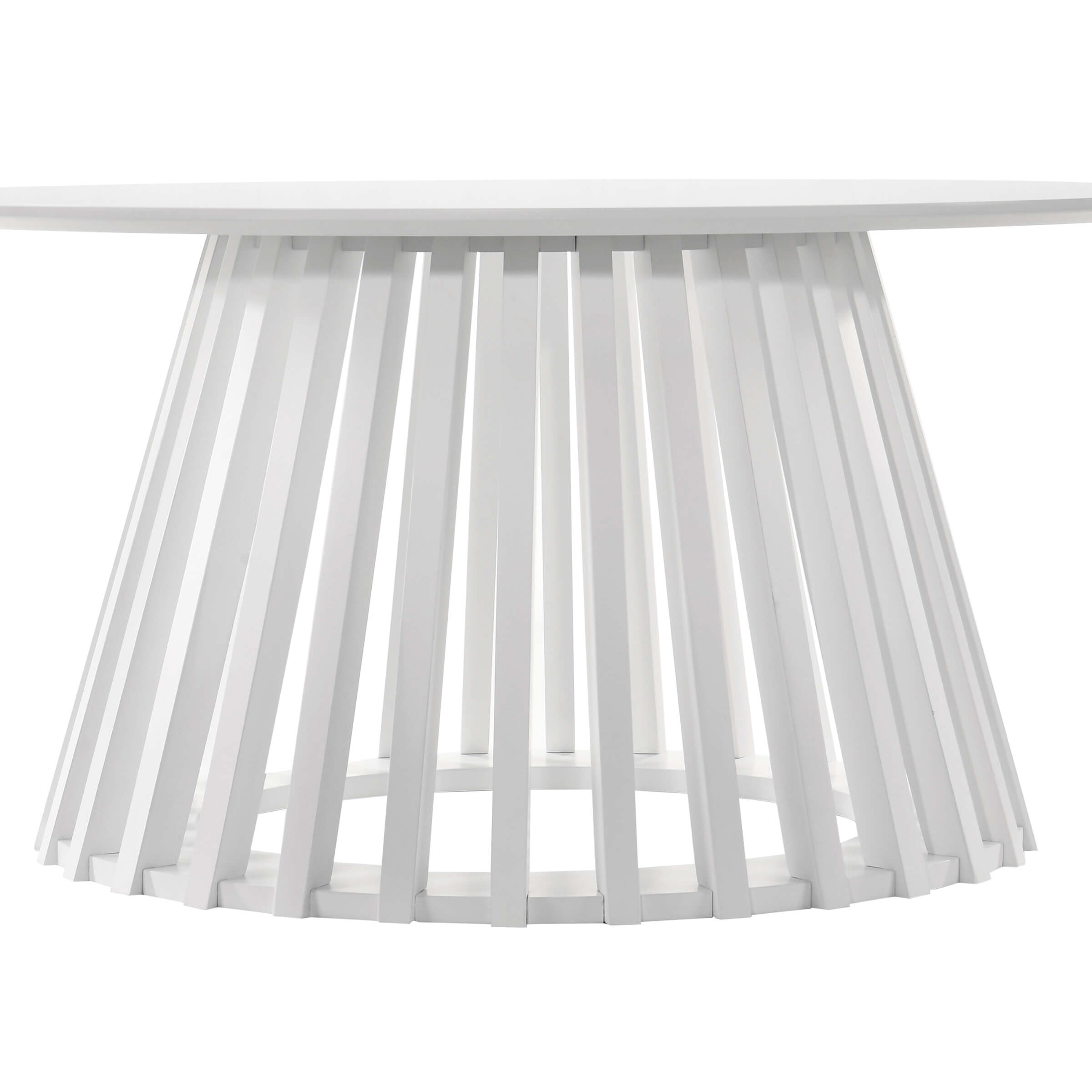 White round coffee table from side, slats