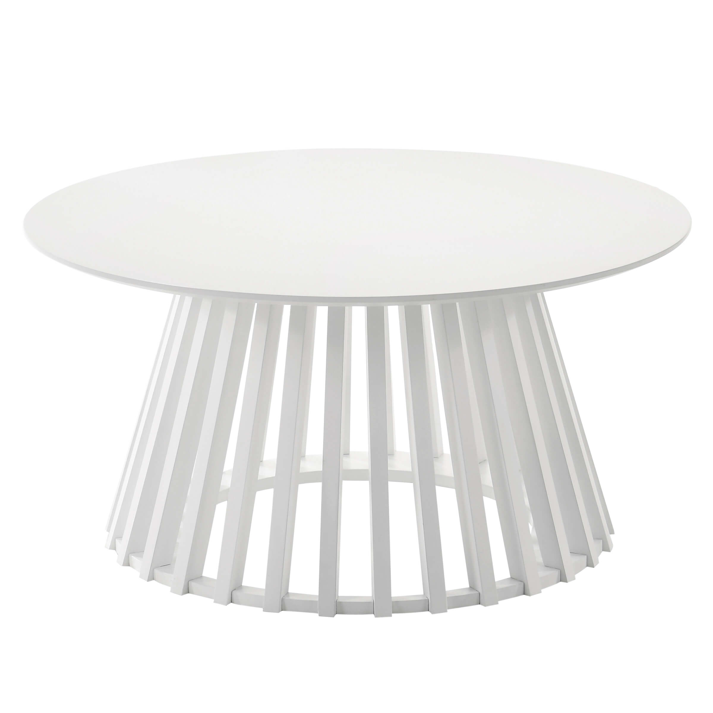 White round coffee table with slatted base, dimensions
