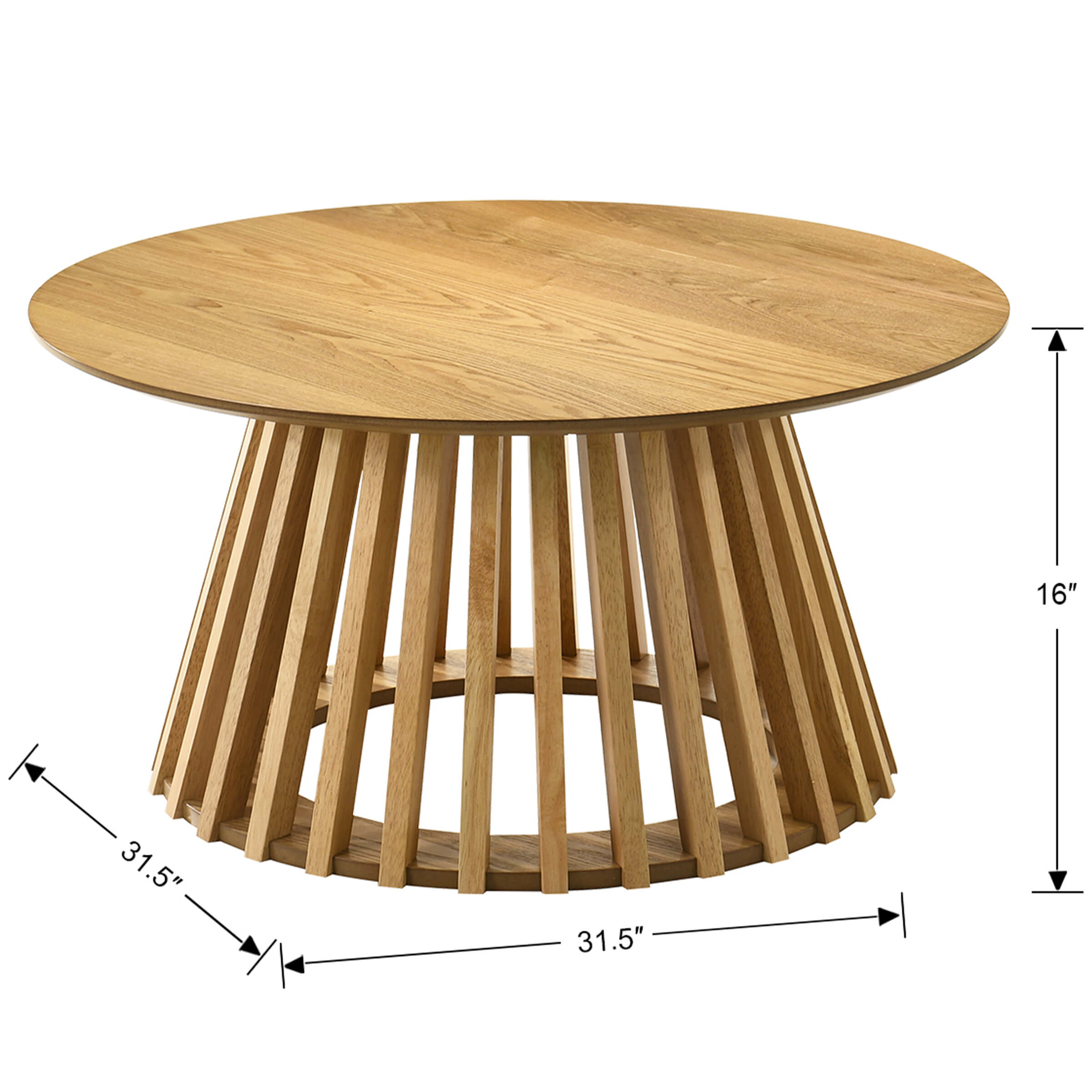 Natural wood round coffee table with slatted base (white background)