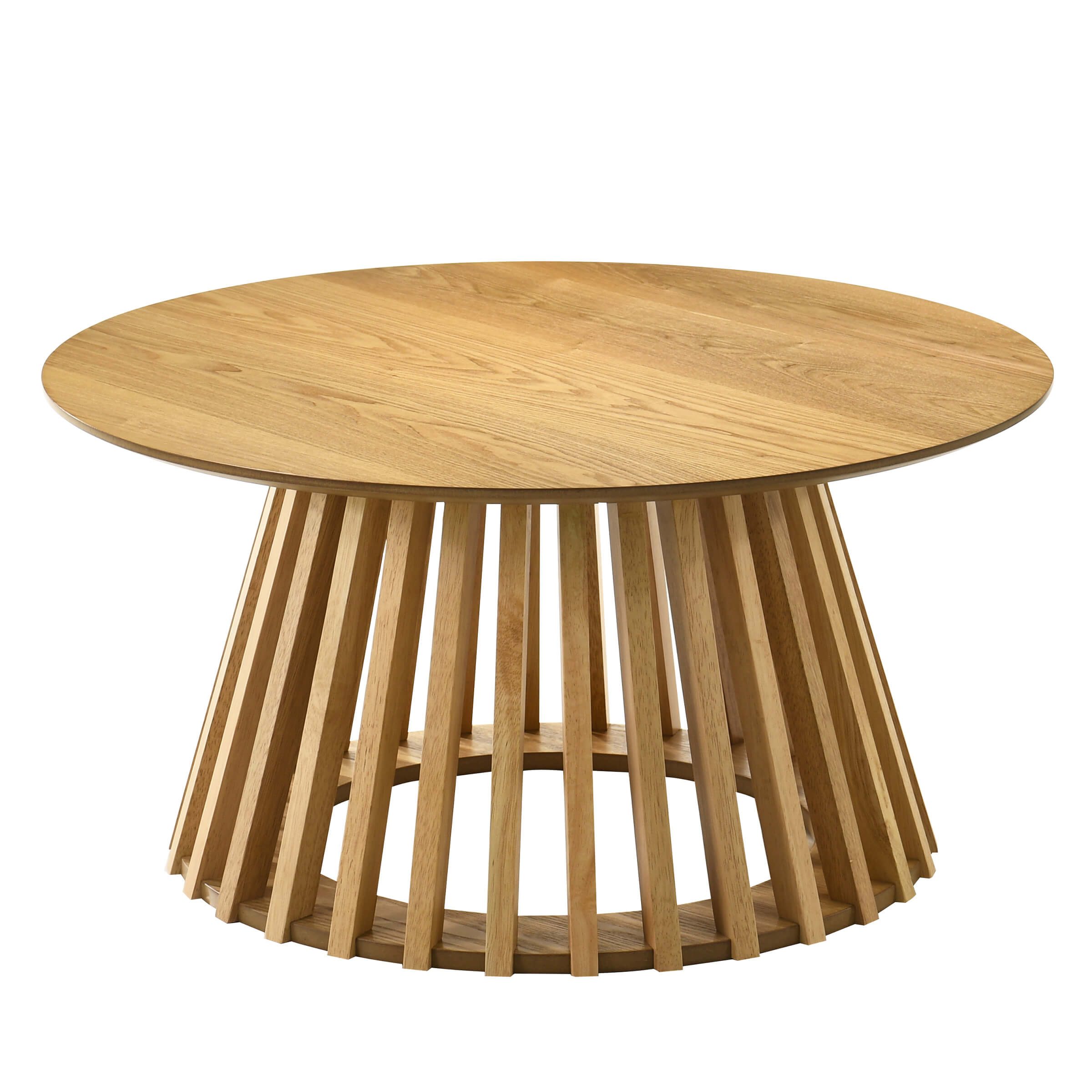 Round wooden coffee table with slatted base (natural wood)