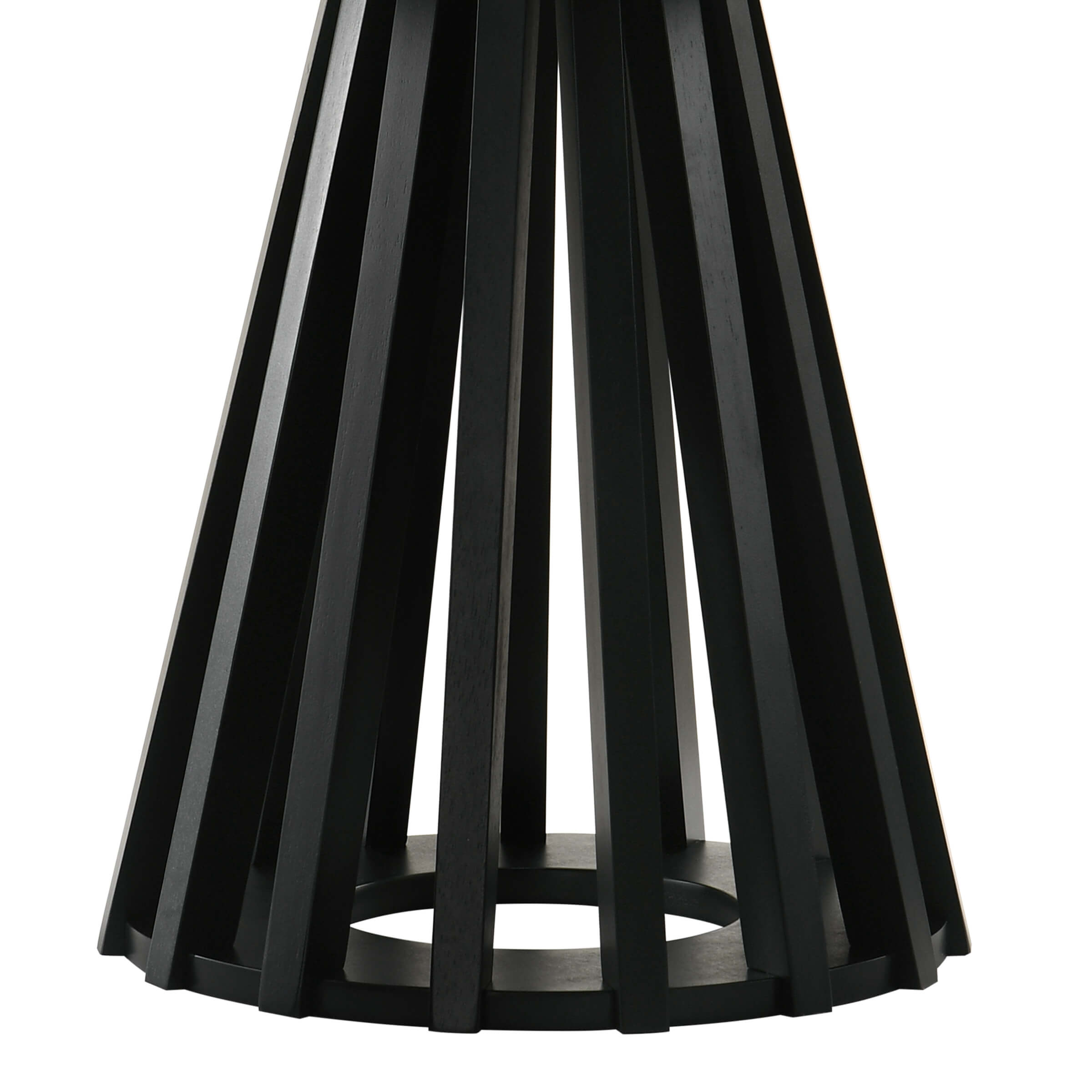 Close-up of black slatted pedestal base of round table