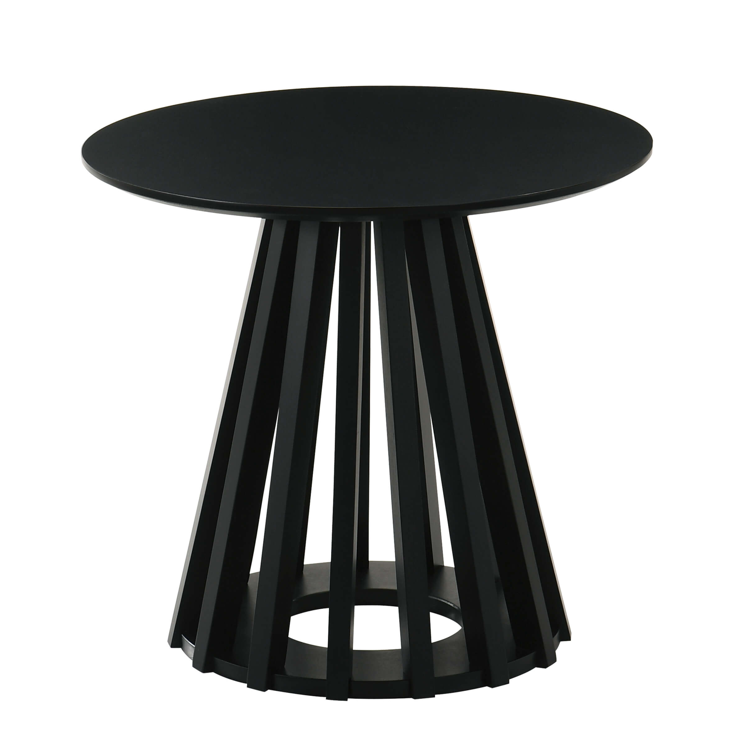 Black round side table with geometric slat base