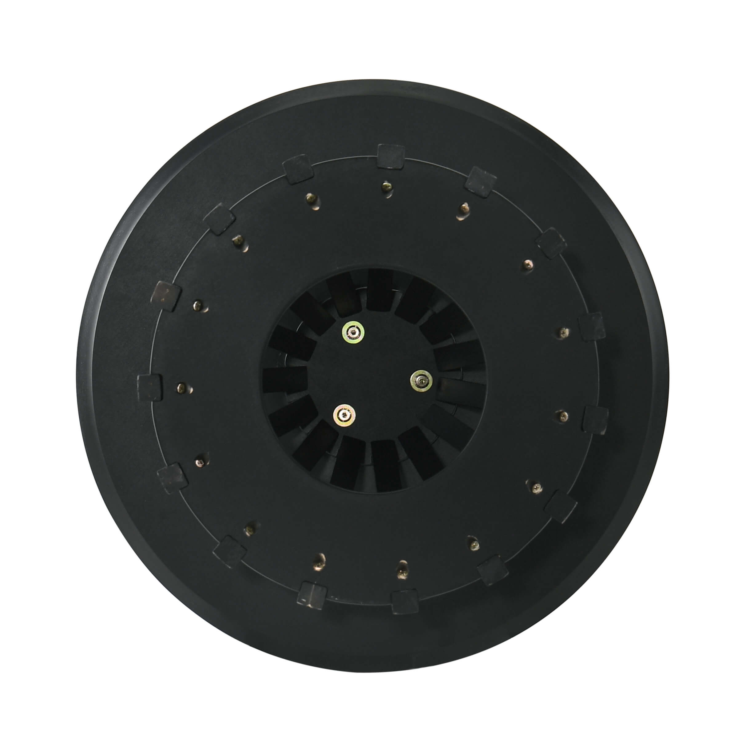 Bottom view of round table base showing screws and interior