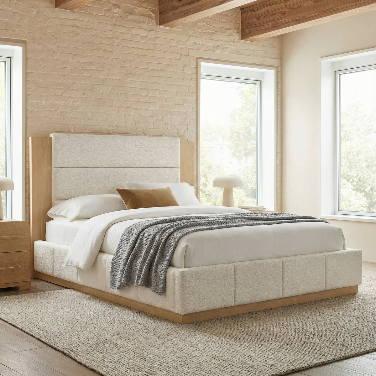 White Boucle Platform Bed Frame with Extended Wood Headboard