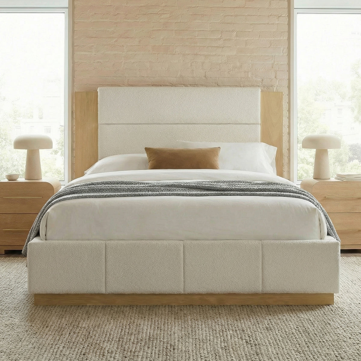 White Boucle Platform Bed Frame with Extended Wood Headboard