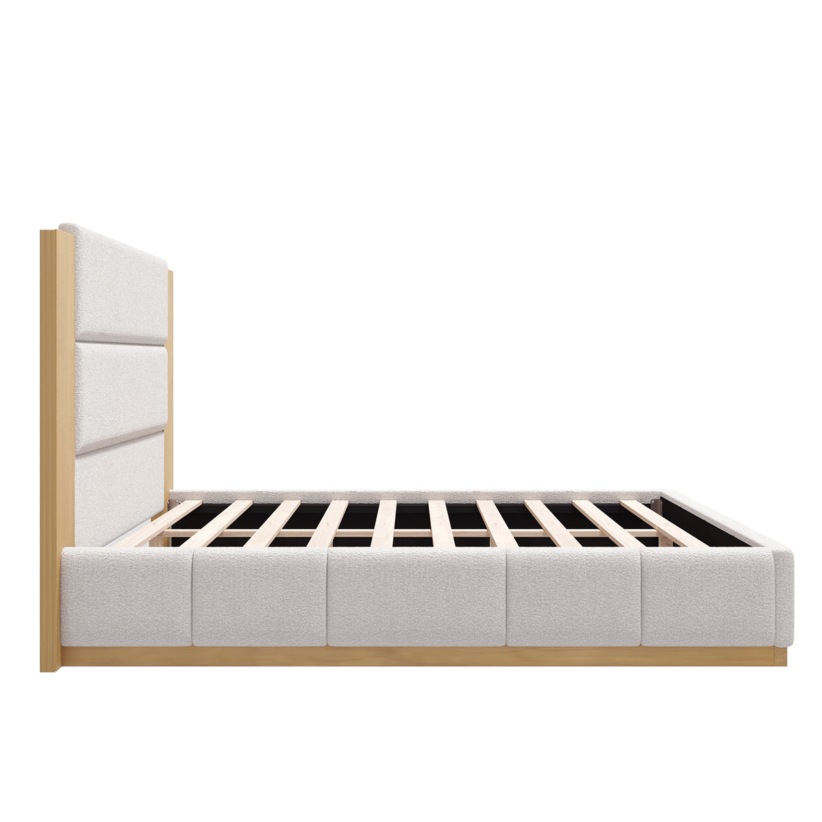 White Boucle Platform Bed Frame with Extended Wood Headboard
