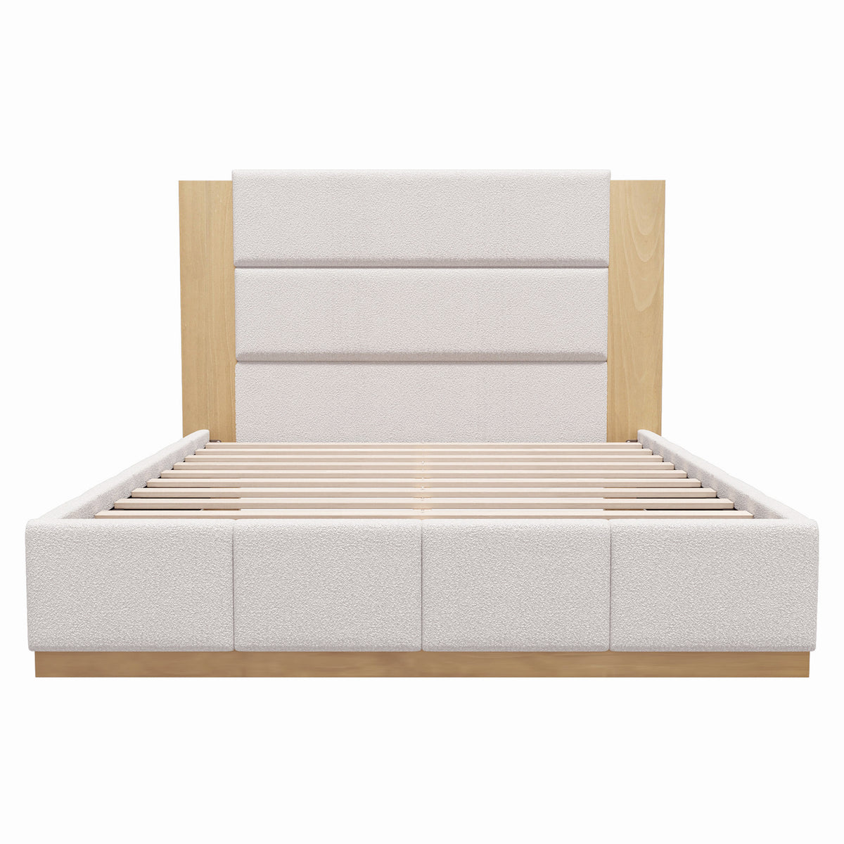 White Boucle Platform Bed Frame with Extended Wood Headboard