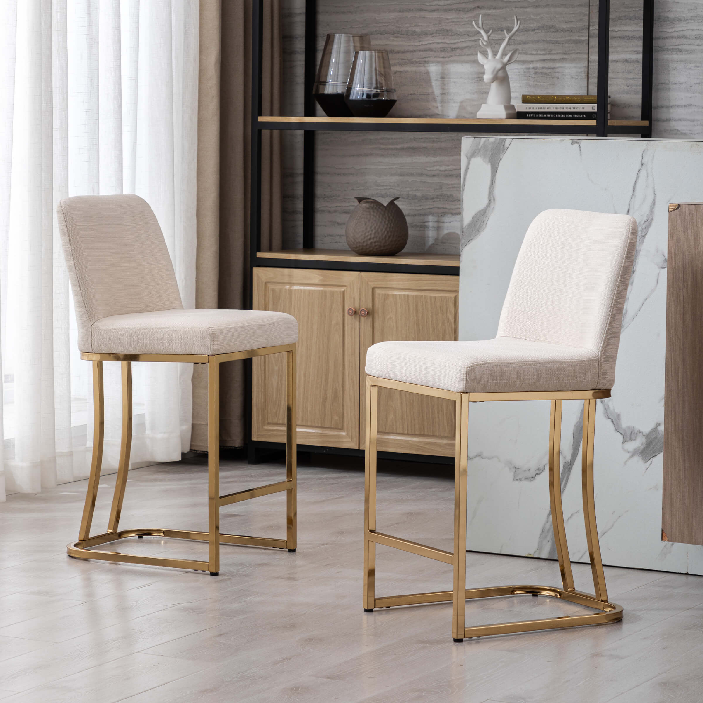 Cream stools at kitchen counter